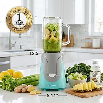 OVENTE Retro Personal Blender and Smoothie Maker with 18 Oz Mason Jar, 300W Base, Stainless Steel Blades, BPA-Free and Dishwasher Safe Container, Includes Reusable Straw and Lid, Turquoise BLH1002T