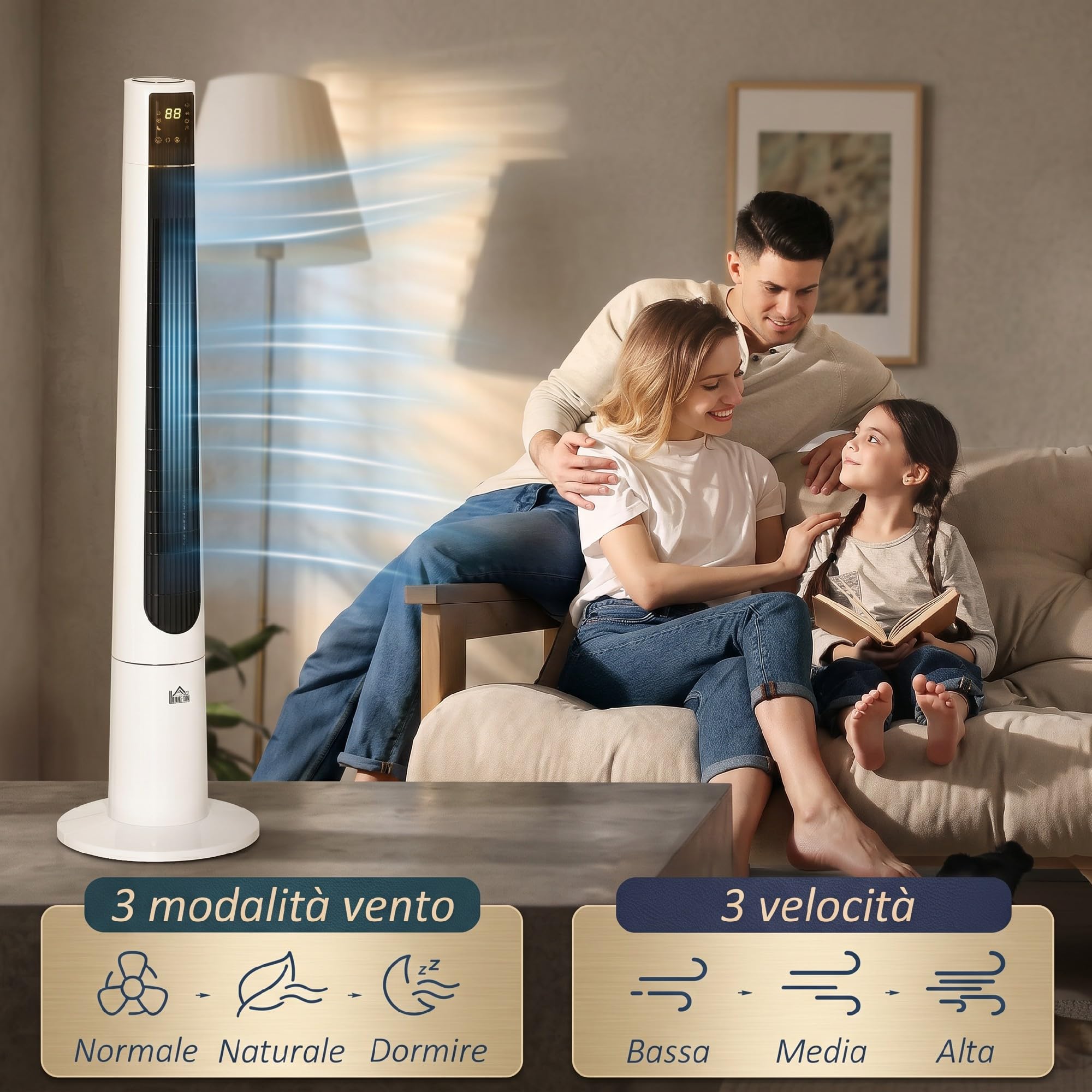 HOMCOM Ventilatore a Torre 50W a 3 Modalità e 3 Velocità, Ventilatore da Terra con Timer da 12h e Telecomando in ABS, Ø32x118.2 cm, Bianco