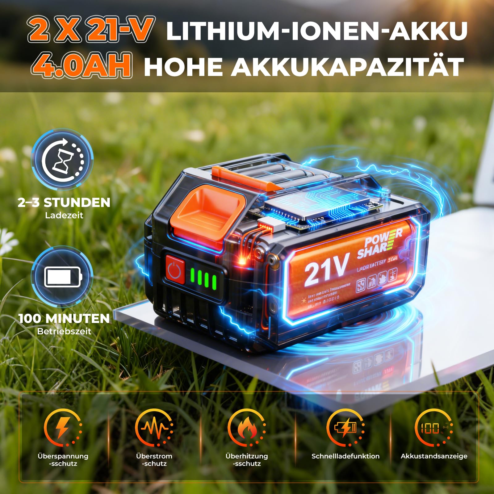 4-in-1 Akku-Hochentaster, 20cm Mini-Kettensäge & elektrische Gartenschere mit bürstenlosem Motor, automatischer Ölung 4,5 m Reichweite, 2 x 21V 4,0 Ah Akkus für Baumschnitt & Holzbearbeitung