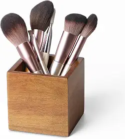 Organizador de pincéis de maquiagem de madeira de acácia para penteadeira, suporte de caneta e lápis para mesa, organizador de mesa para marcador de loja, pincel de maquiagem, controles remotos