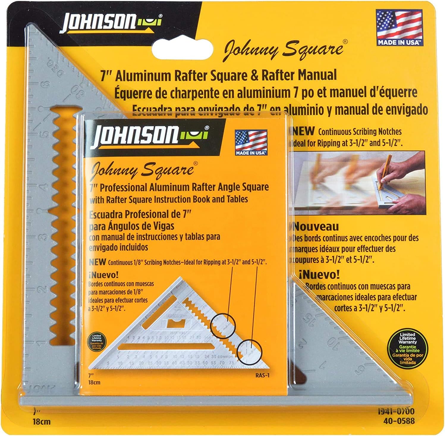 Johnson Level & Tool 1941-0700 Johnny Square Professional Aluminum Rafter Square w/Manual, 7", White, 1 Square