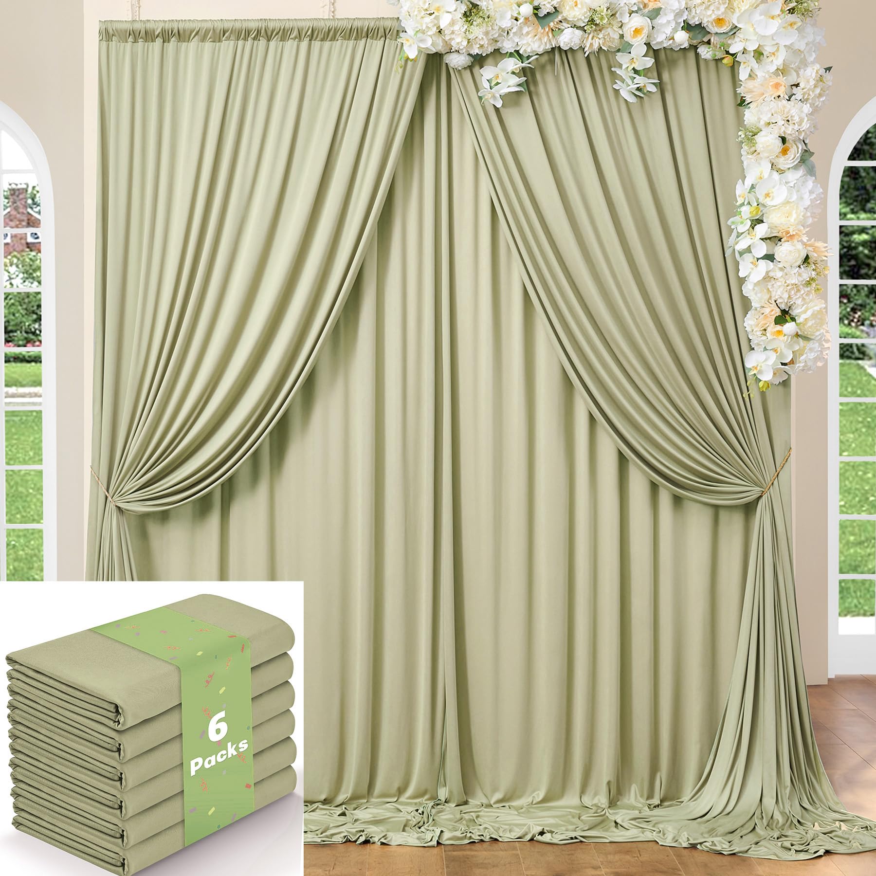 30ft x 10ft Wrinkle Free Sage Green Backdrop Curtains for Parties, Thick Polyester Photo Backdrop Drapes for Wedding Birthday Party Photography Background, 6 Panels 5x10ft