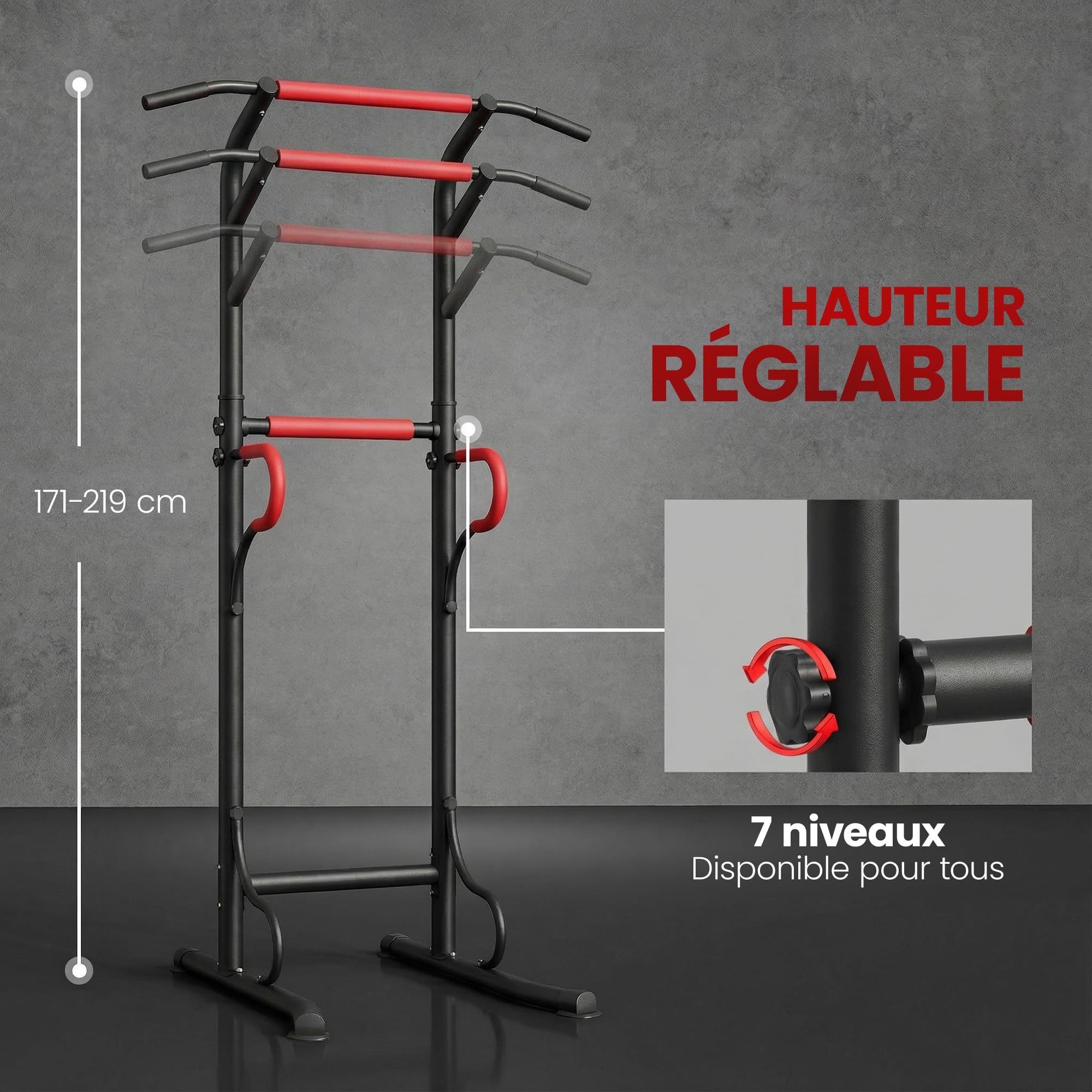 HOMCOM Station de musculation multifonctions barre de traction chaise romaine hauteur réglable acier noir rouge