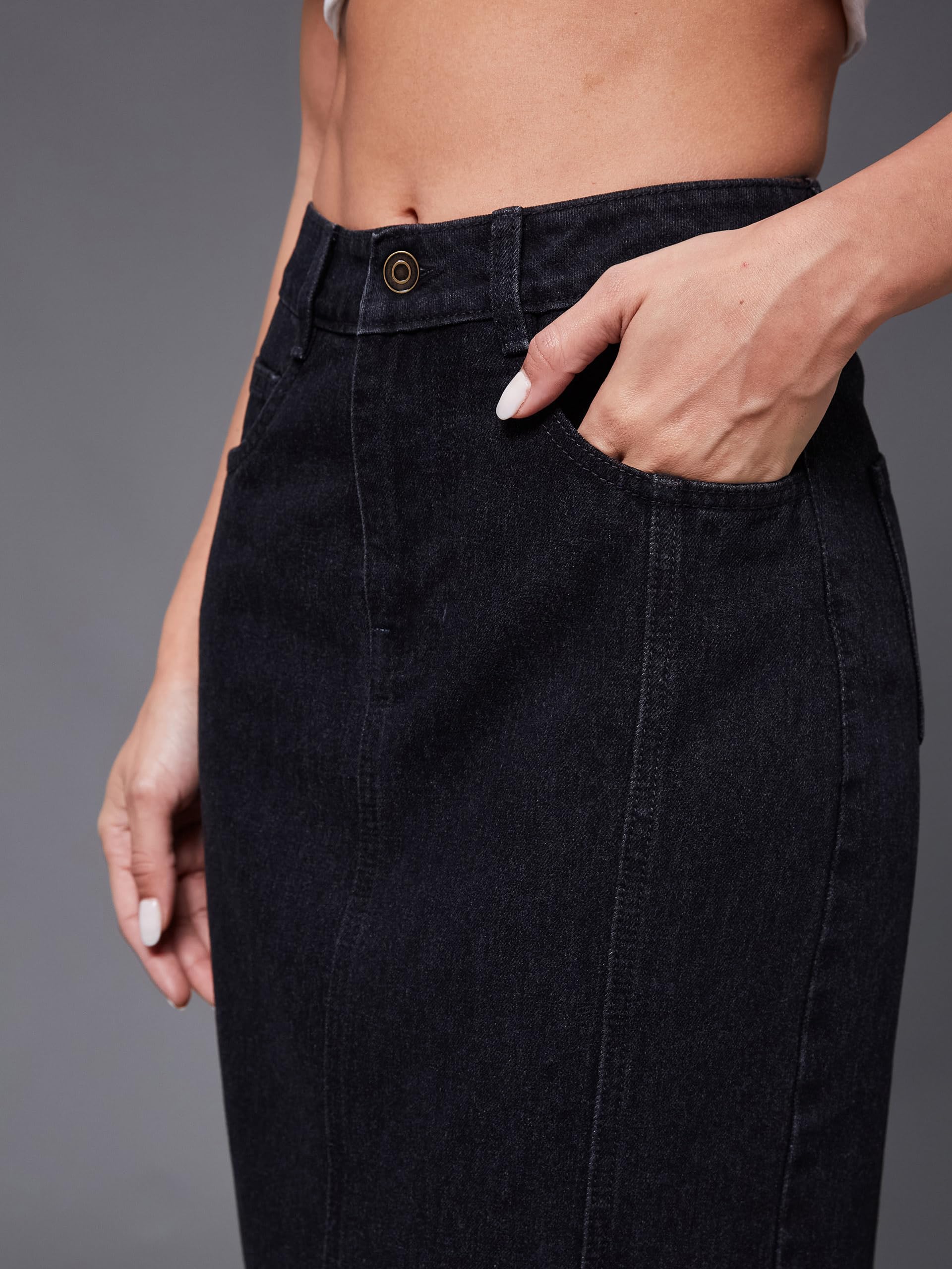 Miss Chase Falda vaquera para mujer, corte recto, cintura alta, elástica