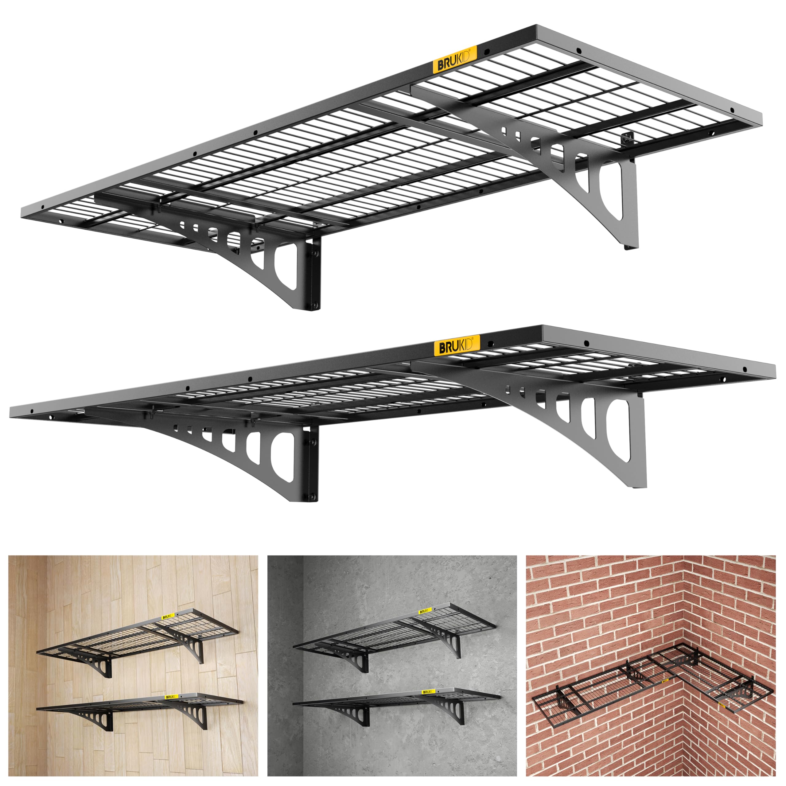 Brukid 1.64x4ft Adjustable Rail Wall Garage Storage Shelf, for Tool Room, Storage Room, Store Supermarket Wall Storage Shelving Rack (2 Pack-Black)