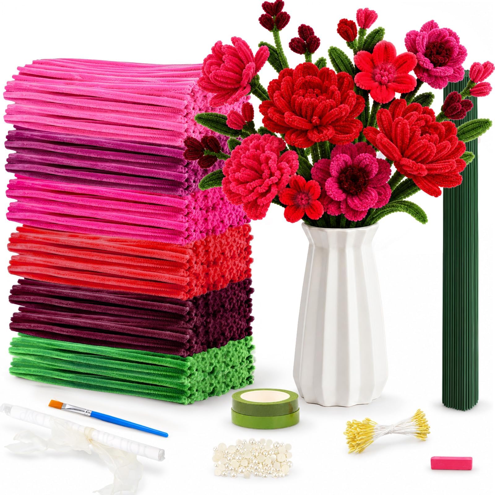 680 Pieces Pipe Cleaners for Crafts 6 Colours Pipe Cleaners Flowers - Red