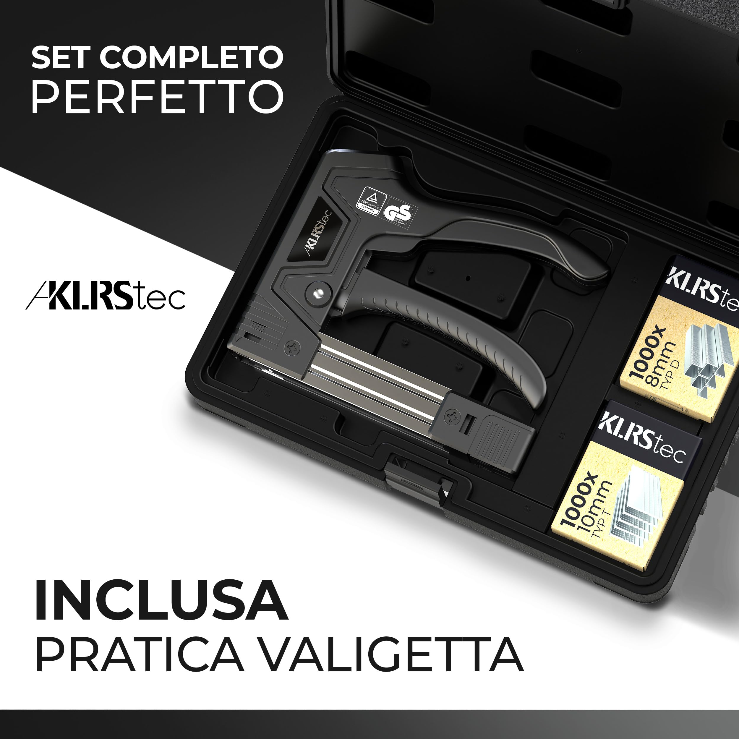 KLRStec TackPro Cucitrice Manuale – Pistola Sparapunti a Trazione – Sparapunti per Legno e Tessuti – Set con 2000 Punti Tipo D & T – Ergonomica, Potente e Resistente