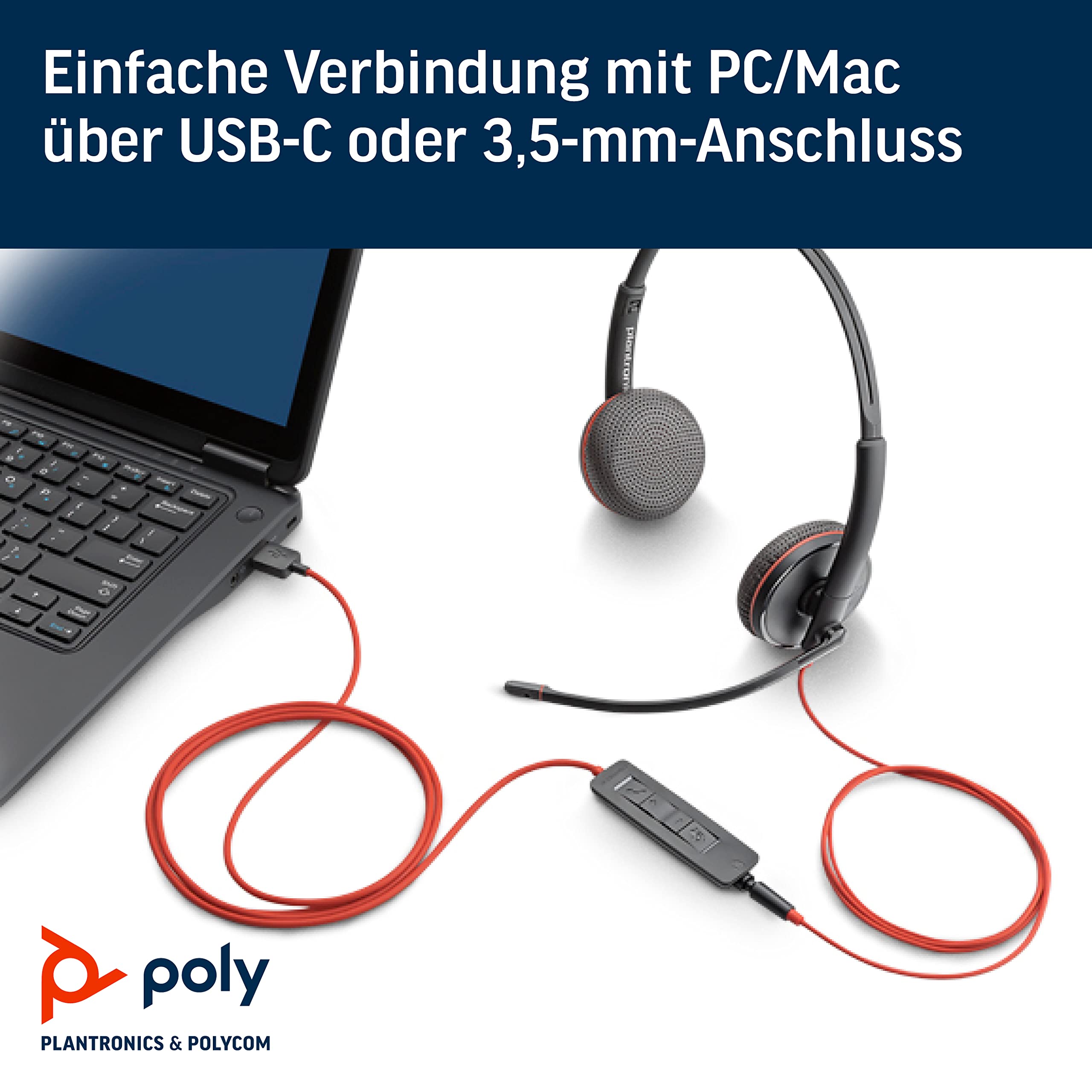 Plantronics – Blackwire 3225, kabelgebundenes USB-C-Headset – Zwei-Ohr Headset (Stereo) mit Mikrofonarm – Verbindung mit PC/Mac über USB-C-Anschluss o. Smartphone/Tablet via 3,5-mm Klinke – Teams etc.