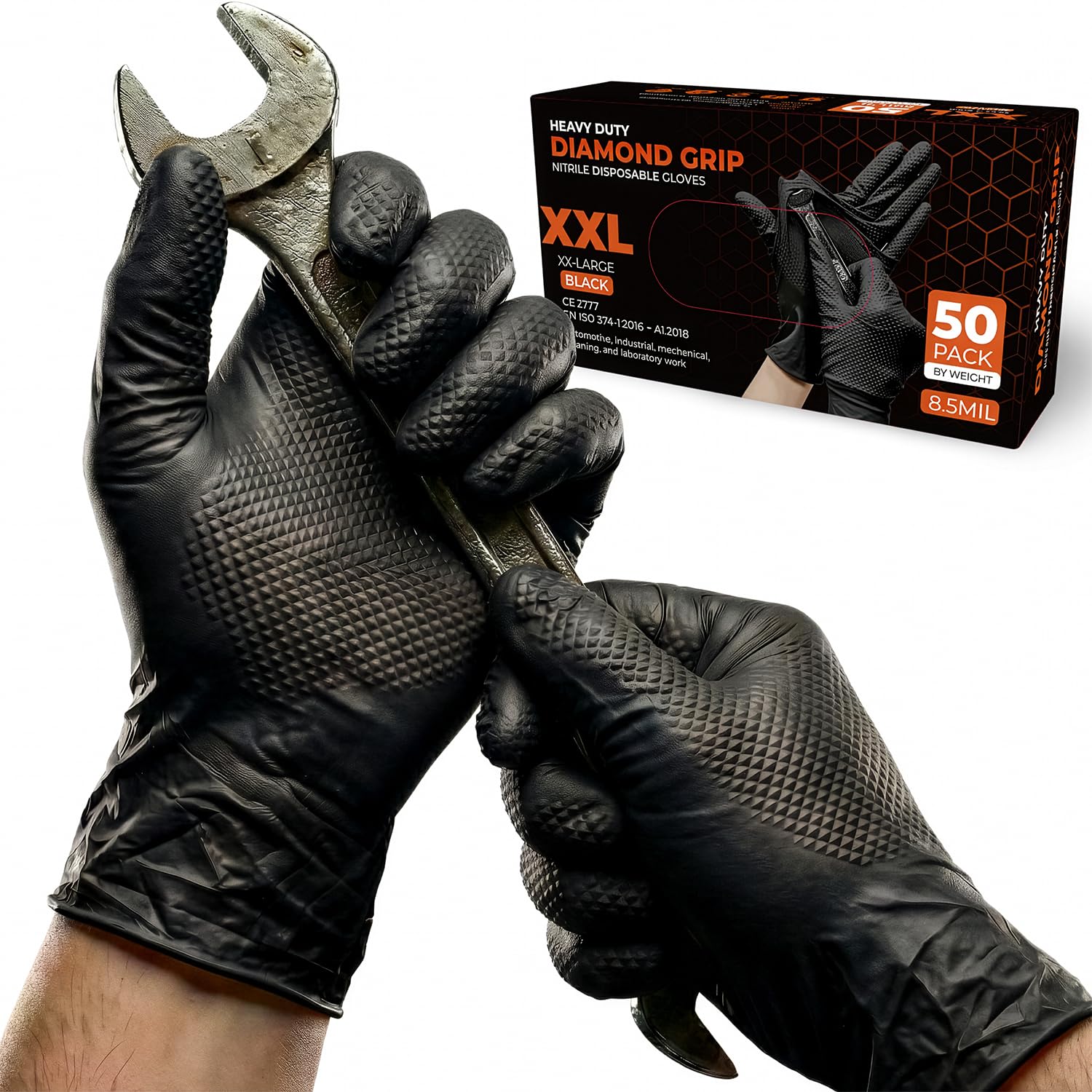 PRAIMA Mechanic Gloves, Diamond Grip Black Nitrile Disposable Gloves | Powder-Free, Latex-Free, Extra Thick & Strong Rubber Gloves for Work, Automotive, Industrial, and Cleaning Use (XXL, 500, count)