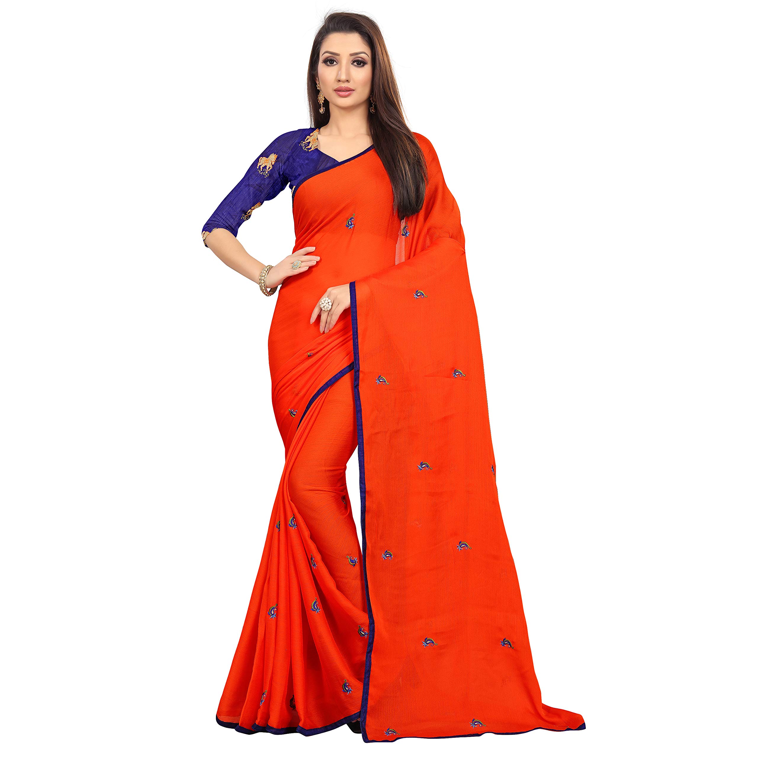 Rekha Maniyar Women's Moss Chiffon Embroidered Motifs Saree with Embroidered Unstitched Art silk Blouse (Free Size)