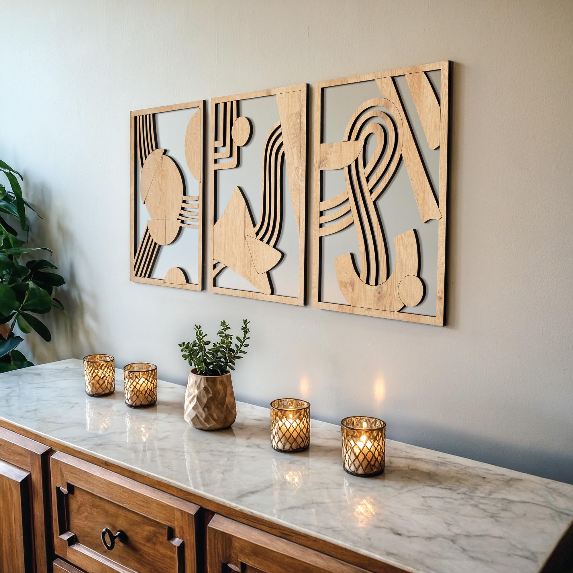 qmmp Modern Wooden Wall Sculptures - Set of 3 - MDF - Oak - Home Decor Accent - Large Wall Art for Living Room, Bedroom, Office - Easy Installation (Oak, Medium - Abstract Shapes, Unframed)