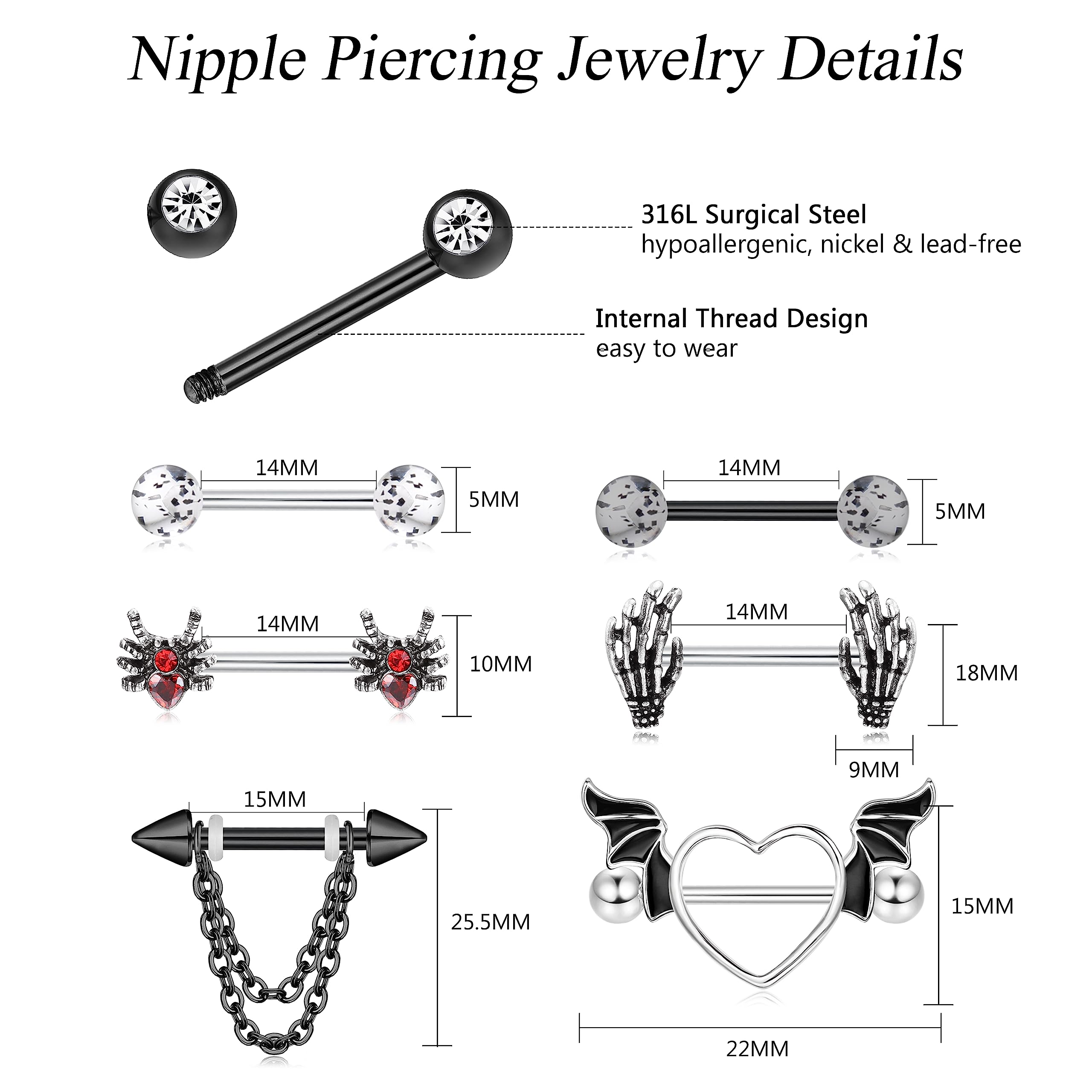 Fansilver 7 Pairs 14G Nipple Rings Surgical Steel Nipple Piercing CZ Heart Butterfly Barbell Tongue Rings Set Cute Nipple Tongue Piercing Jewelry for Women: D. Black Nipple Rings Set