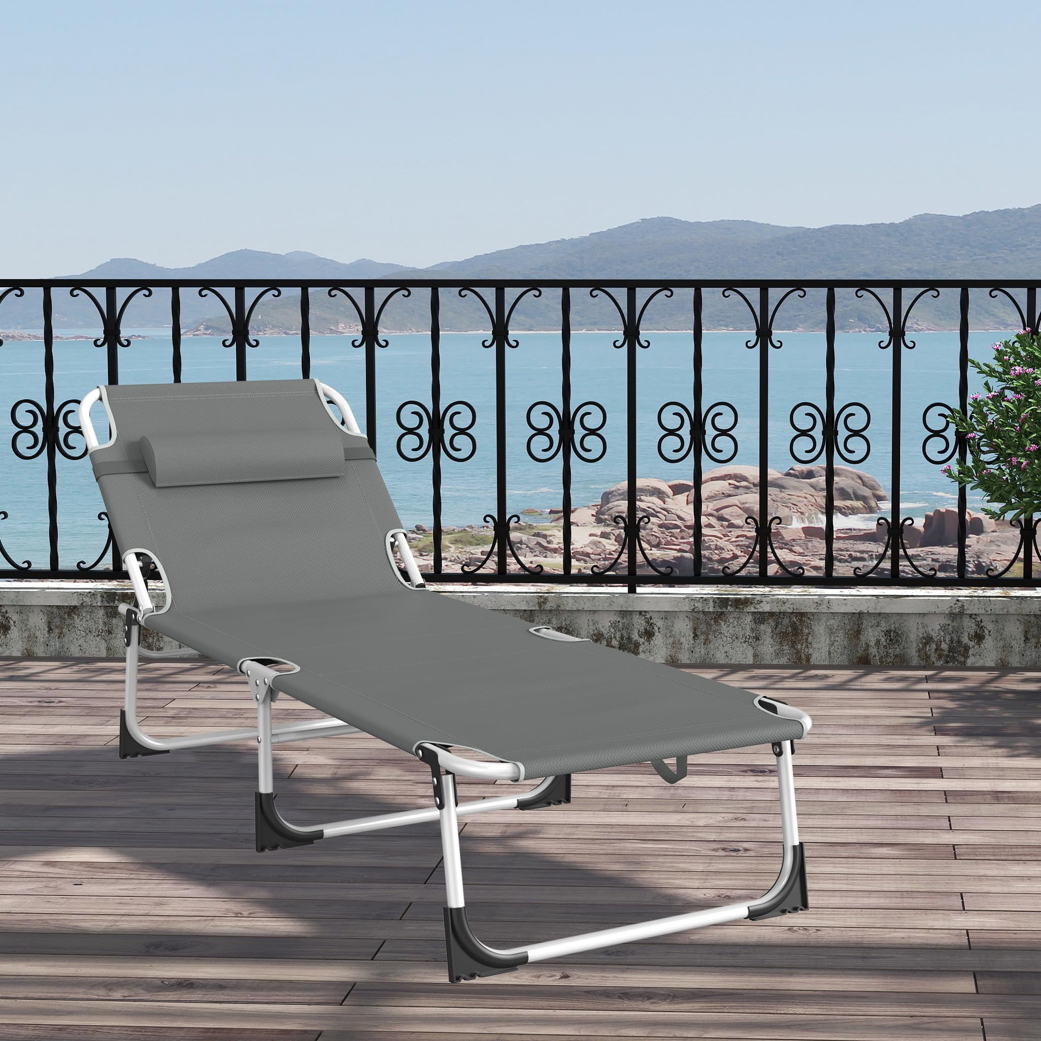 Froadp Sonnenliege Klappbar mit Dach Gartenliege Liegestuhl mit Verstellbarer Rückenlehne Kopfkissen Seitentasche Strandliege für Garten Balkon Strand Terrasse (1 Stück, Anthrazit)