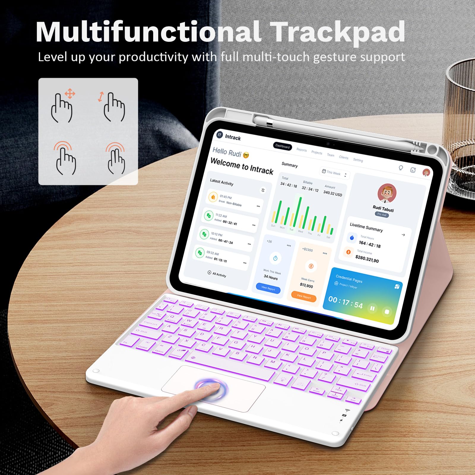 MoKo Funda con Teclado táctil para iPad (A16) 11ª/10ªgeneración, Oro Rosa