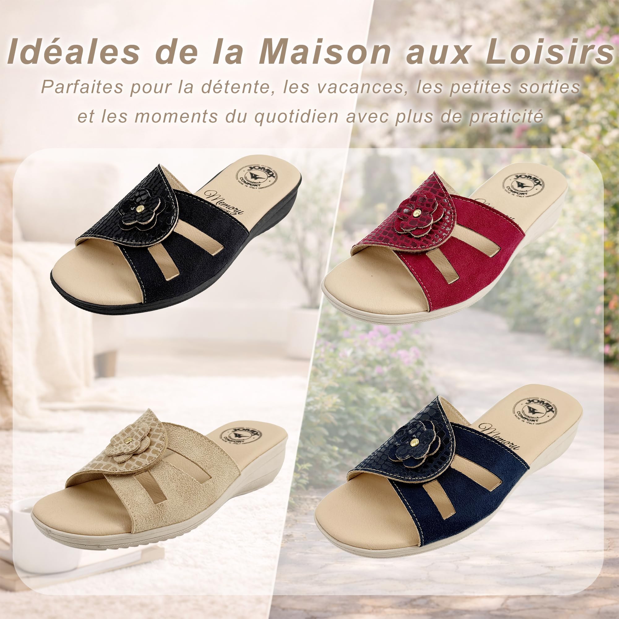 JOMIX Chaussons Femme Été avec Scratch Mules Compensées 4,8 cm Pantoufles Maison Confort Semelle Mémoire de Forme Antidérapantes Bout Ouvert Élégantes avec Fleur Made in Italy