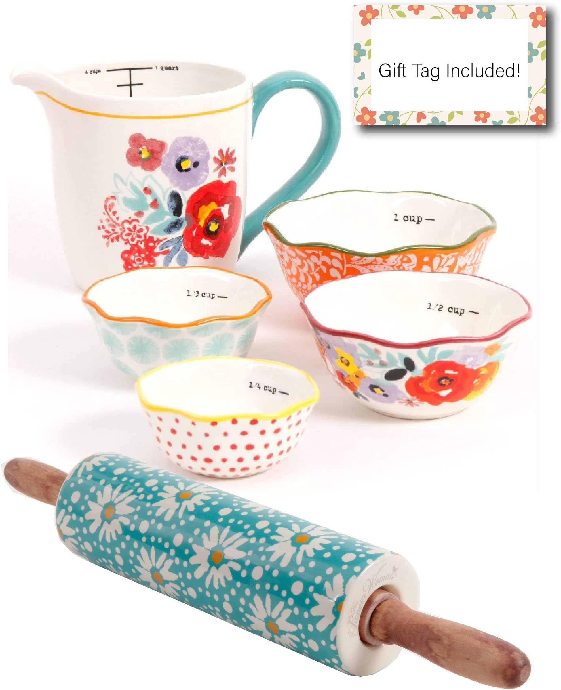 Pioneer Woman Vintage Baking Gift Set with Rolling Pin, 5 Piece Measuring Cups and 1 Rolling Pin With Gift Tag, Floral Design Baking Tool Set, Christmas Gift Set Ideas, Decorative Baking Essentials Bu