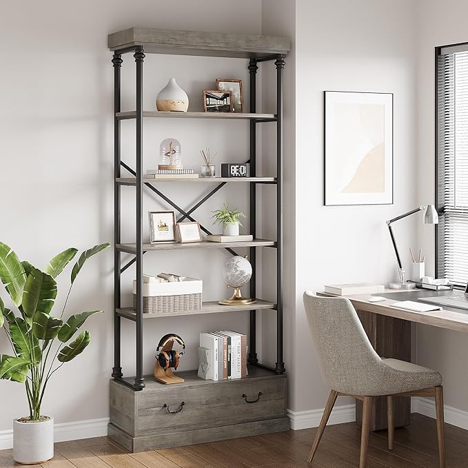 GarveeHome 81.3" Bookshelf with Storage Drawer, Tall Bookcase w/Metal Frame, 5 Tier Vintage Bookshelf Industry Display Storage Shelf for Office Living Room Library Bedroom