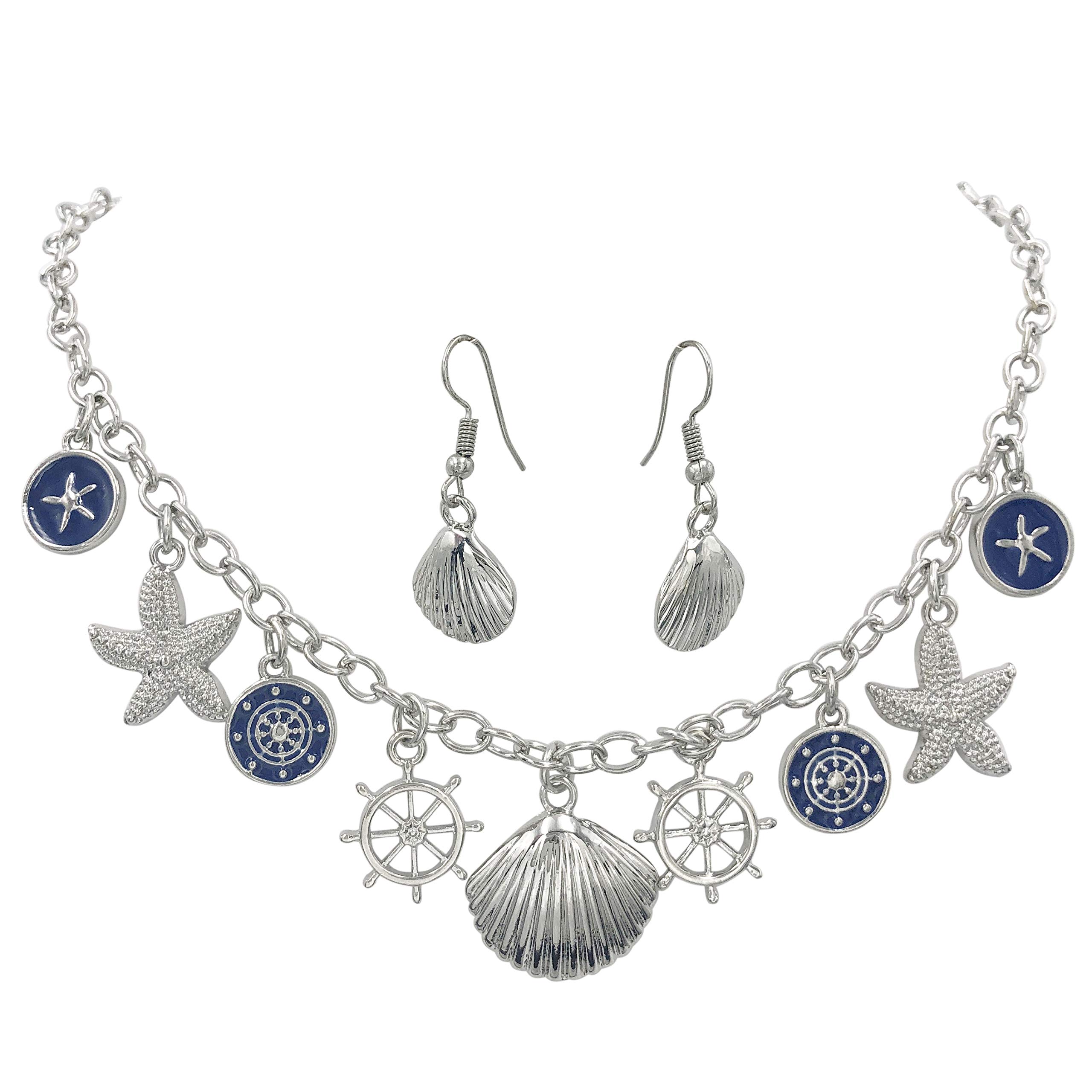 Gypsy Jewels Nautical & Sea Life Starfish Sea Shell Ship Wheel Charm Dangle Chain Necklace & Earrings Set silver