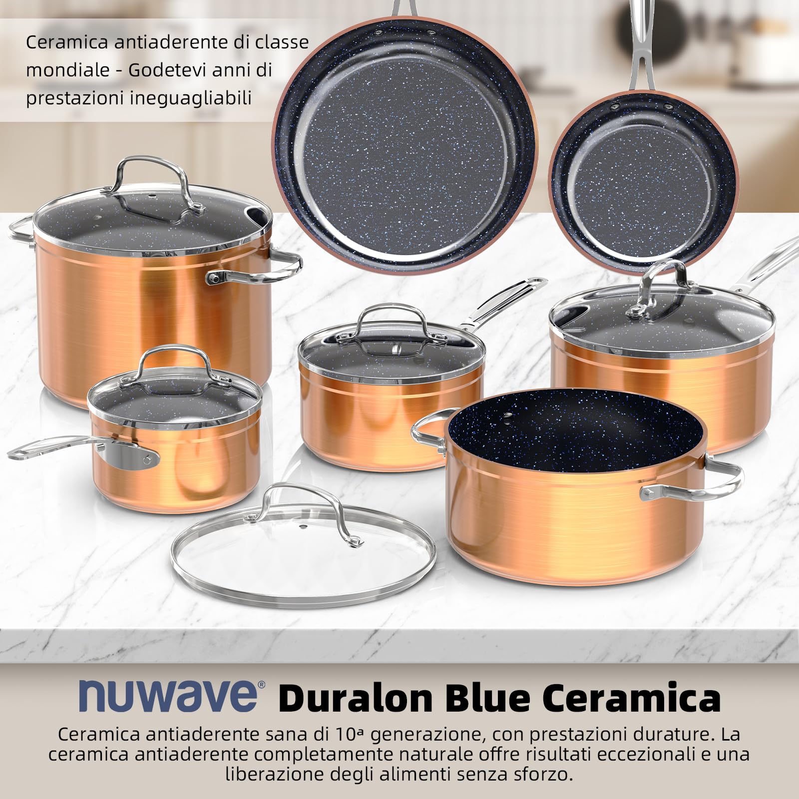 Nuwave Induzione Pronto Pentole Set 12 Pezzi in Ceramica G10 Duralon Blue in Rame Rustico, Coperchi in Vetro, Rivestimento Antiaderente, Adatto per Forno e Induzione, senza PFAS