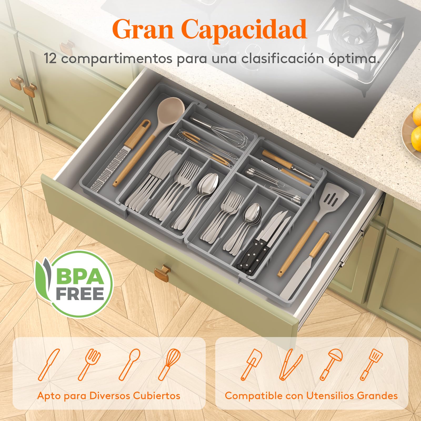Lifewit Bandeja Grande para Cubiertos Cajon, Ancho de 46 a 70 cm, Organizador Vajilla Extensible de Cocina, Profundidad de 42,4 cm, Extraíble Separador Talheres, Porta de Utensilios/Cucharas, Gris