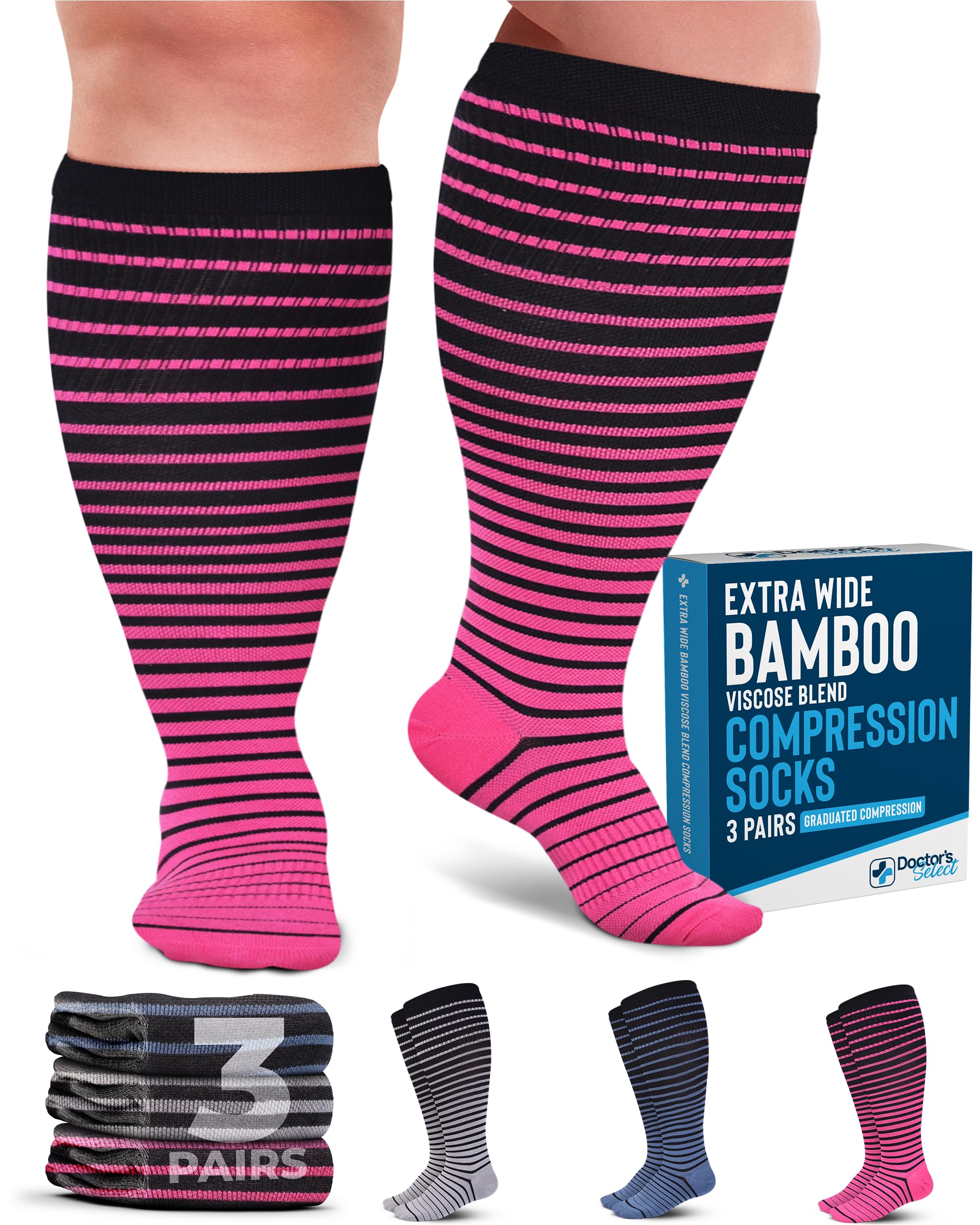 Doctor's Select 3 Pairs Plus Size Compression Socks Wide Calf - Bamboo Viscose Knee High Socks | Circulation Support