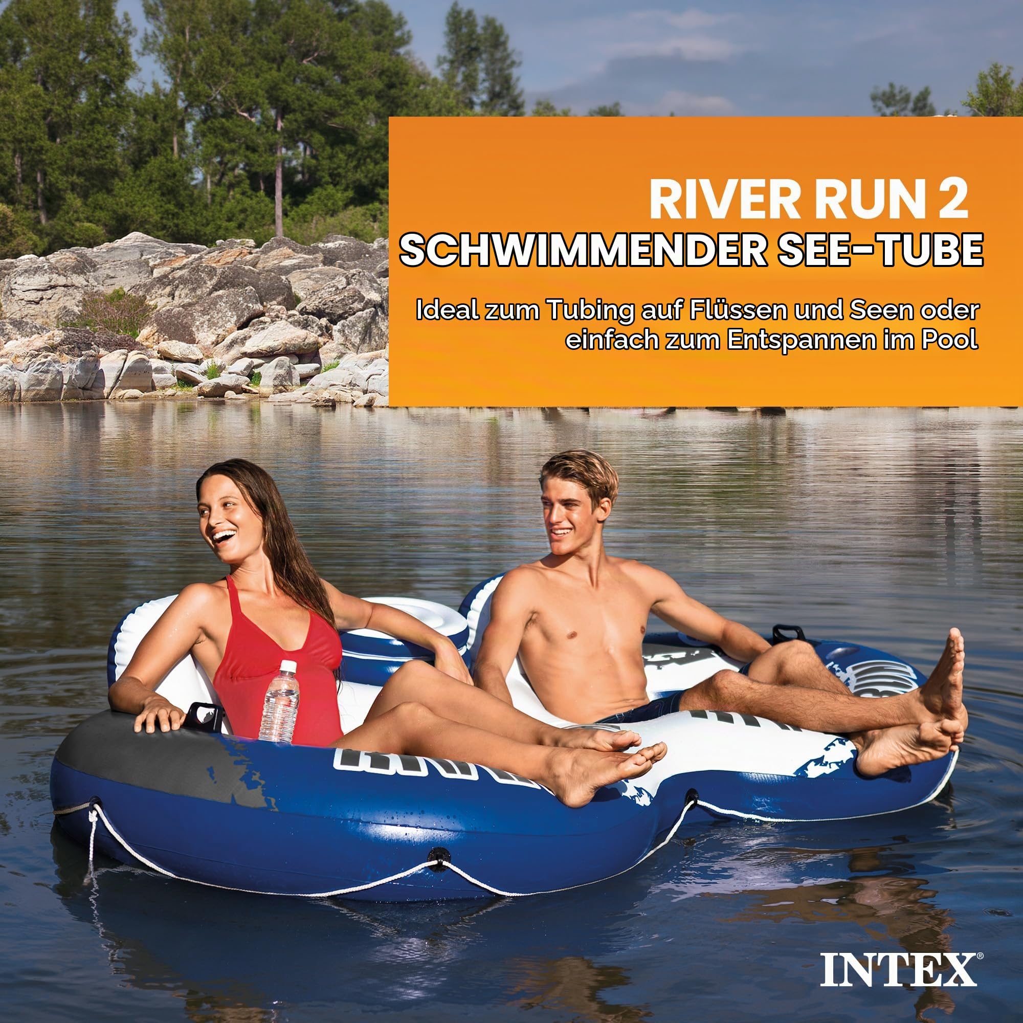 Intex River Run II Aufblasbarer 2-Personen-Pool-Schwimmkörper mit befestigtem Kühler und Reparaturset