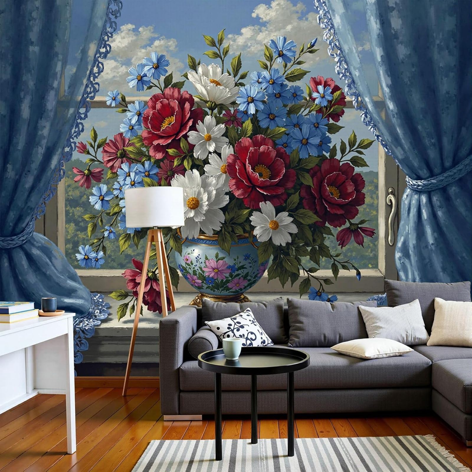 hgjdjhnf Wallpaper Still Life Balcony Photo Wallpaper Classic Floral Living Room Bedroom Children's Room, Modern Blue Wall Decor, 430cm x 300cm Stickers - Frameless Painting - Poster