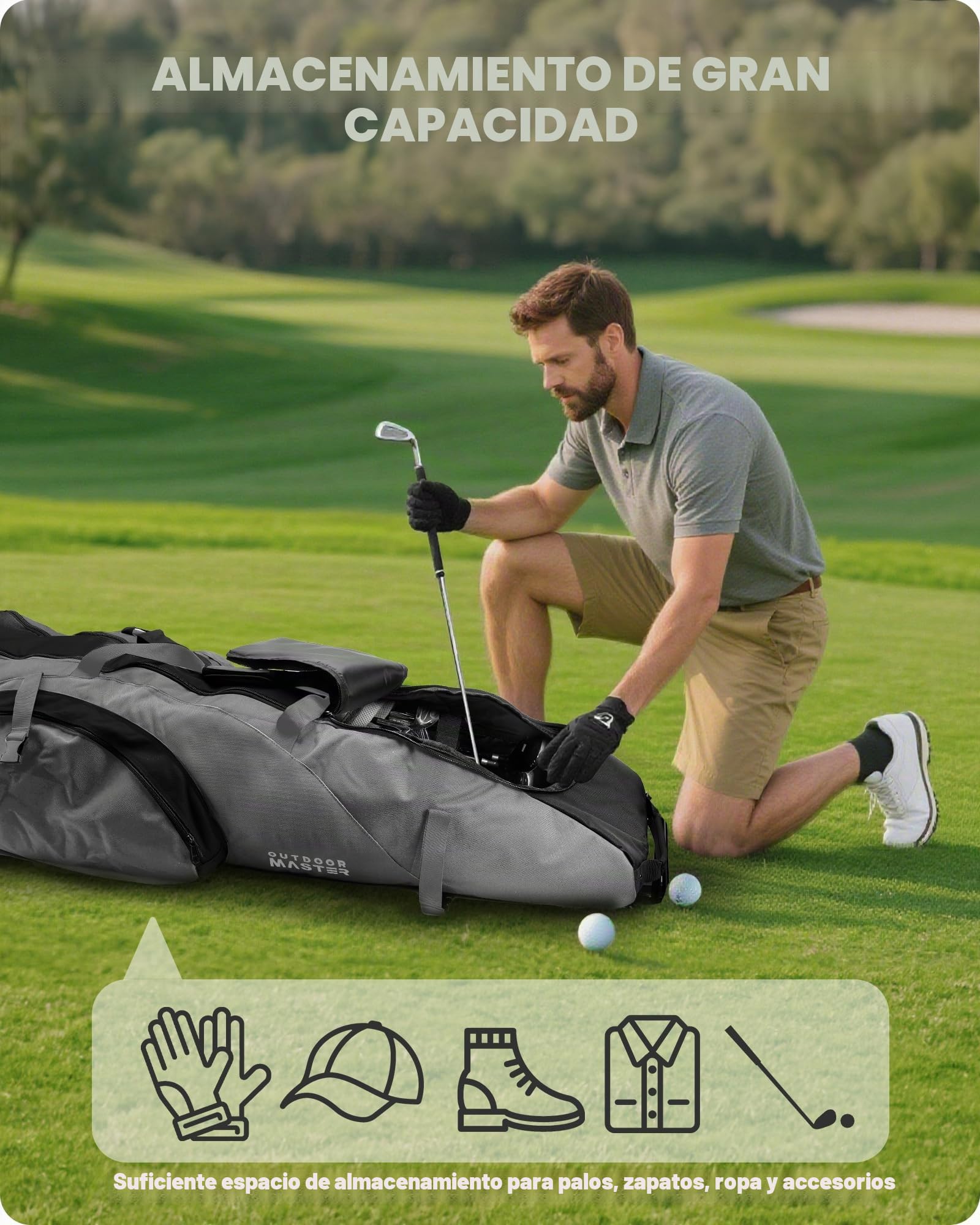 OutdoorMaster Bolsa de Viaje Acolchada de Golf con Ruedas reforzadas, 900D Oxford Resistente al Desgaste e Impermeable, Bolsa de Viaje de Golf de Lado Suave, Compartimento para Zapatos y Accesorios