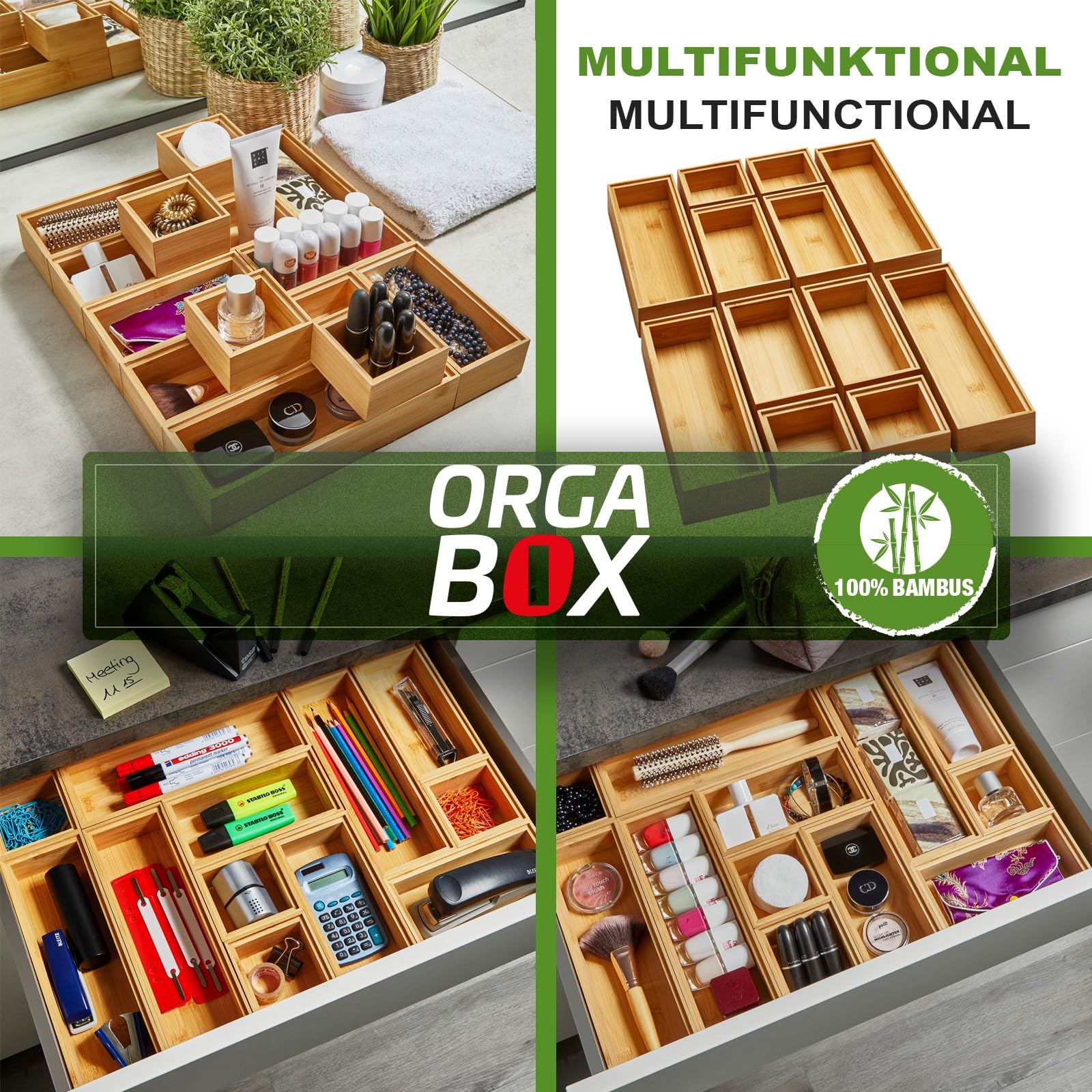 Scatole Impilabili In Bambù Per Cassetti - Set 2 Pezzi 30,5x15,2x5,1 Cm, Organizer Cucina