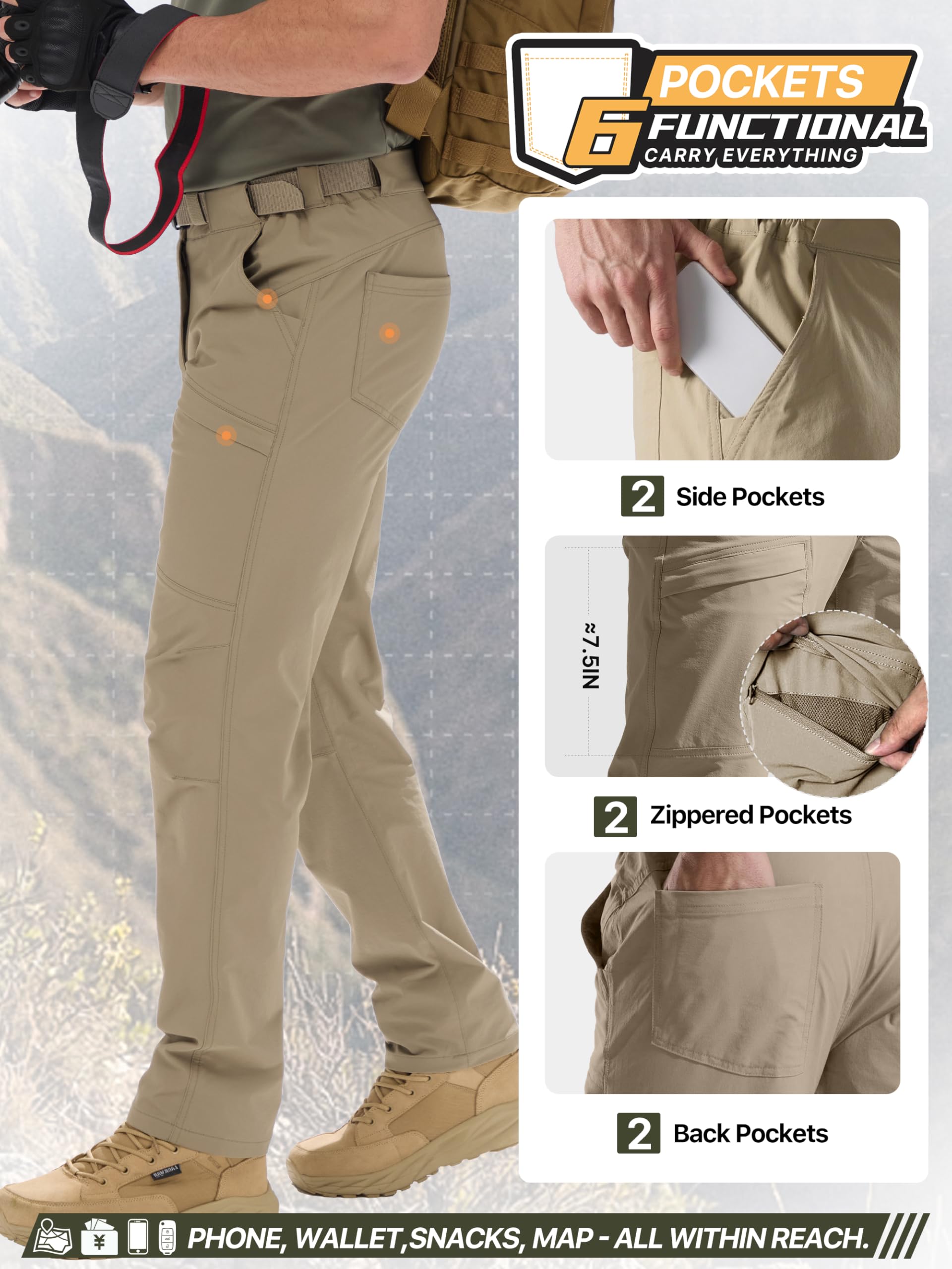 FREE SOLDIER Pantaloni da trekking cargo da uomo con cintura Pantaloni tattici leggeri impermeabili ad asciugatura rapida Nylon Spandex (kaki 40W/30L)