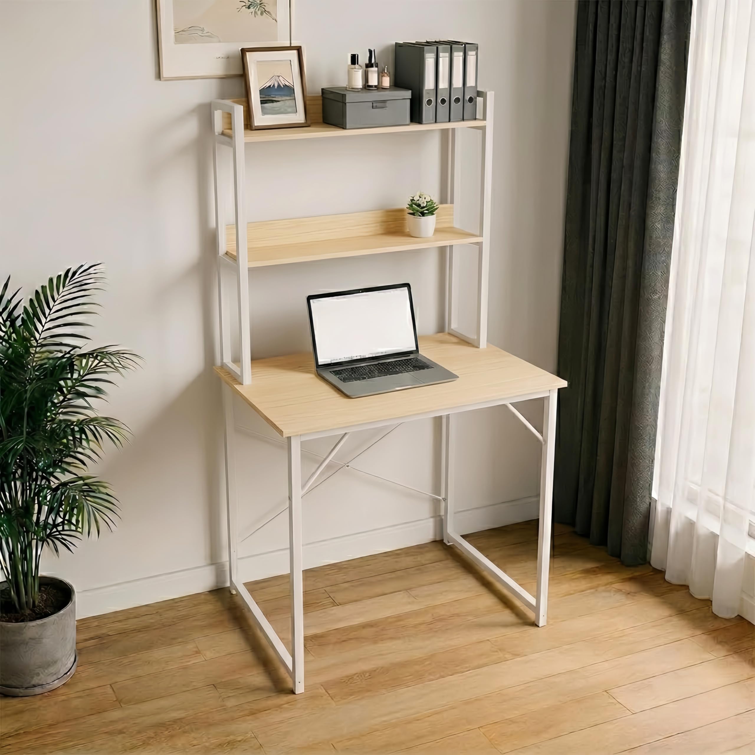 Amazon | N&S パソコンデスク 幅60×奥行55cm ナチュラル 上棚付き 収納