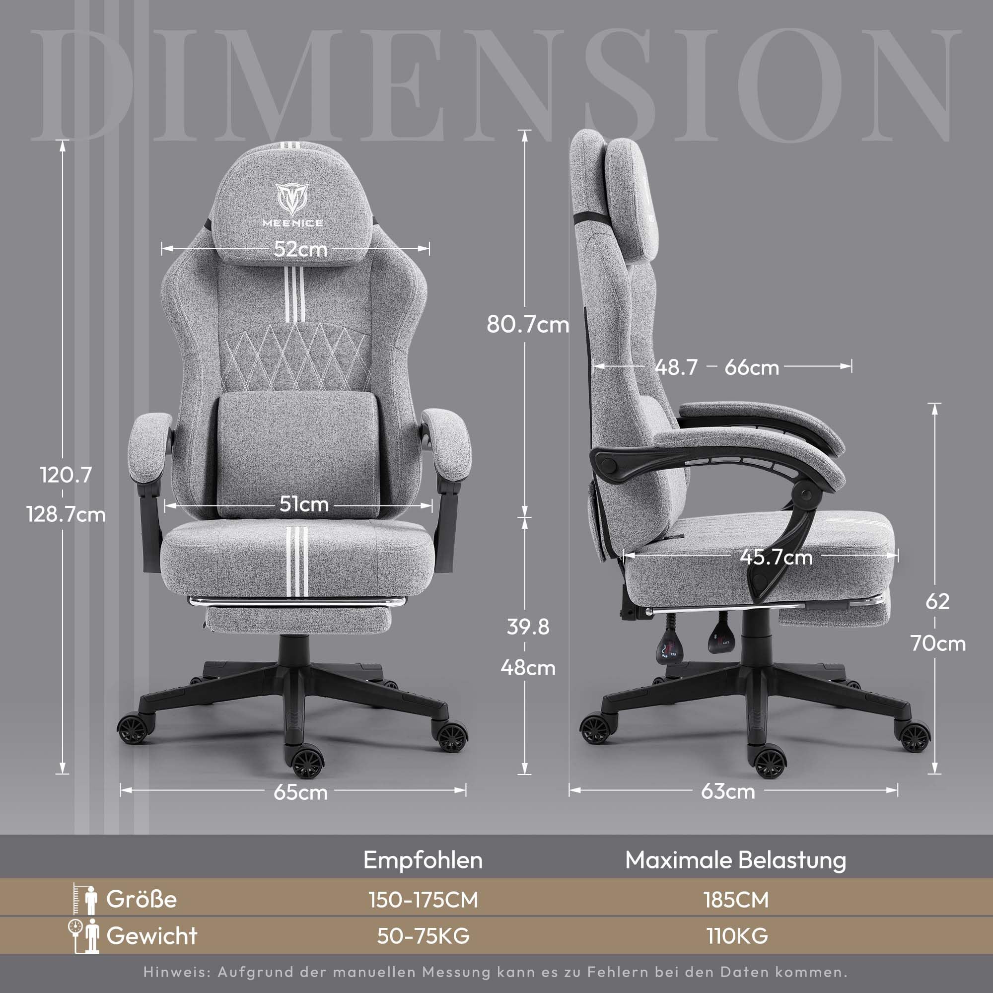 Gaming Stuhl Stoff mit Taschenfederkissen, Gaming Sessel mit Fußstütze, Game Stuhl Hohe Zurück für Erwachsene Anthrazit