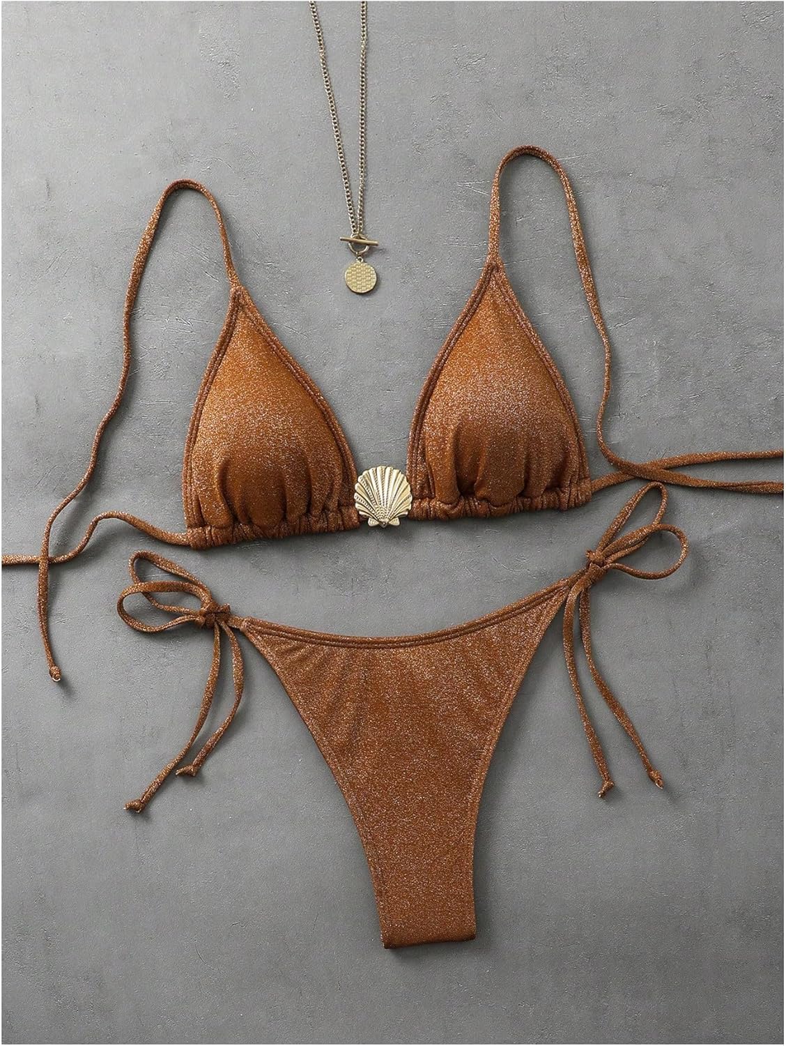 Milumia Women's Shiny Bikini Sets Shell Decor Halter Bikini Swimsuit Two Piece Bathing Suits - Image 3