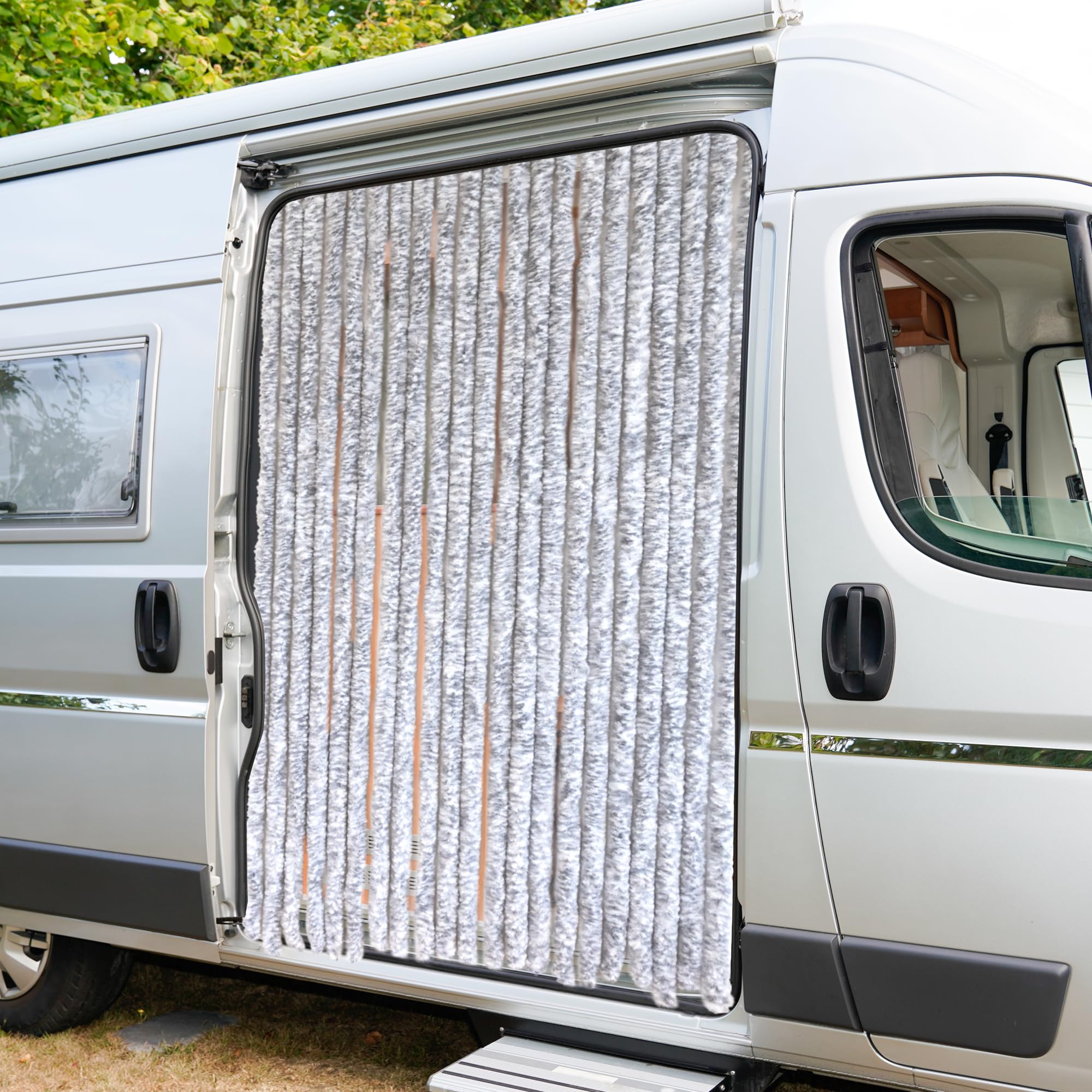 LEMODO Türvorhang Wohnwagen, Flauschvorhang 90x200 cm, Camping Vorhang als Fliegengitter für die Tür, Insektenvorhang hellgrau/weiß, optisch attraktiver Fliegenschutz