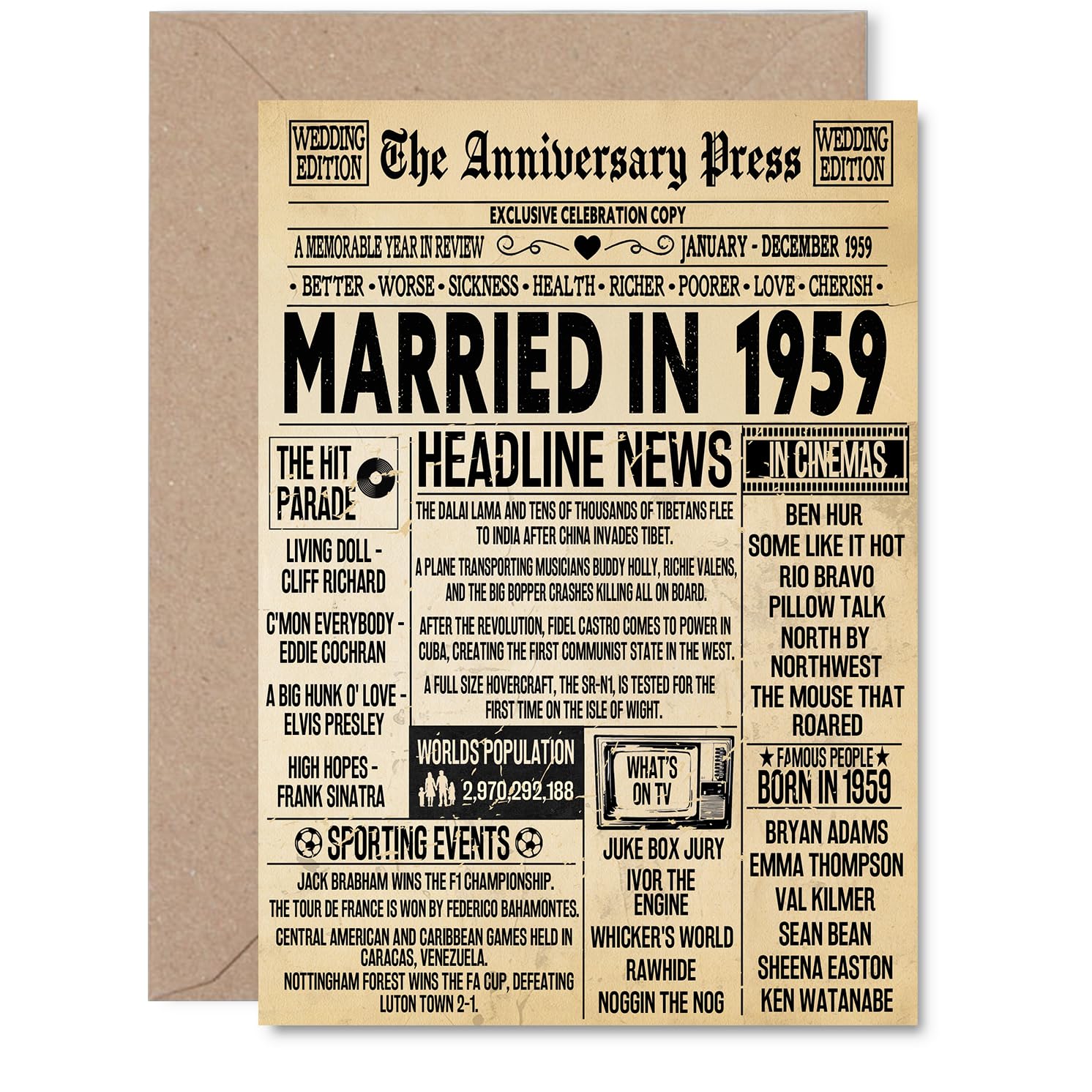 67th Anniversary Card for Men Women - Vintage Newspaper Married in 1959-67 Year Wedding Anniversary Card for Companion Husband Partner Wife, A5 Anniversaries Greeting Cards