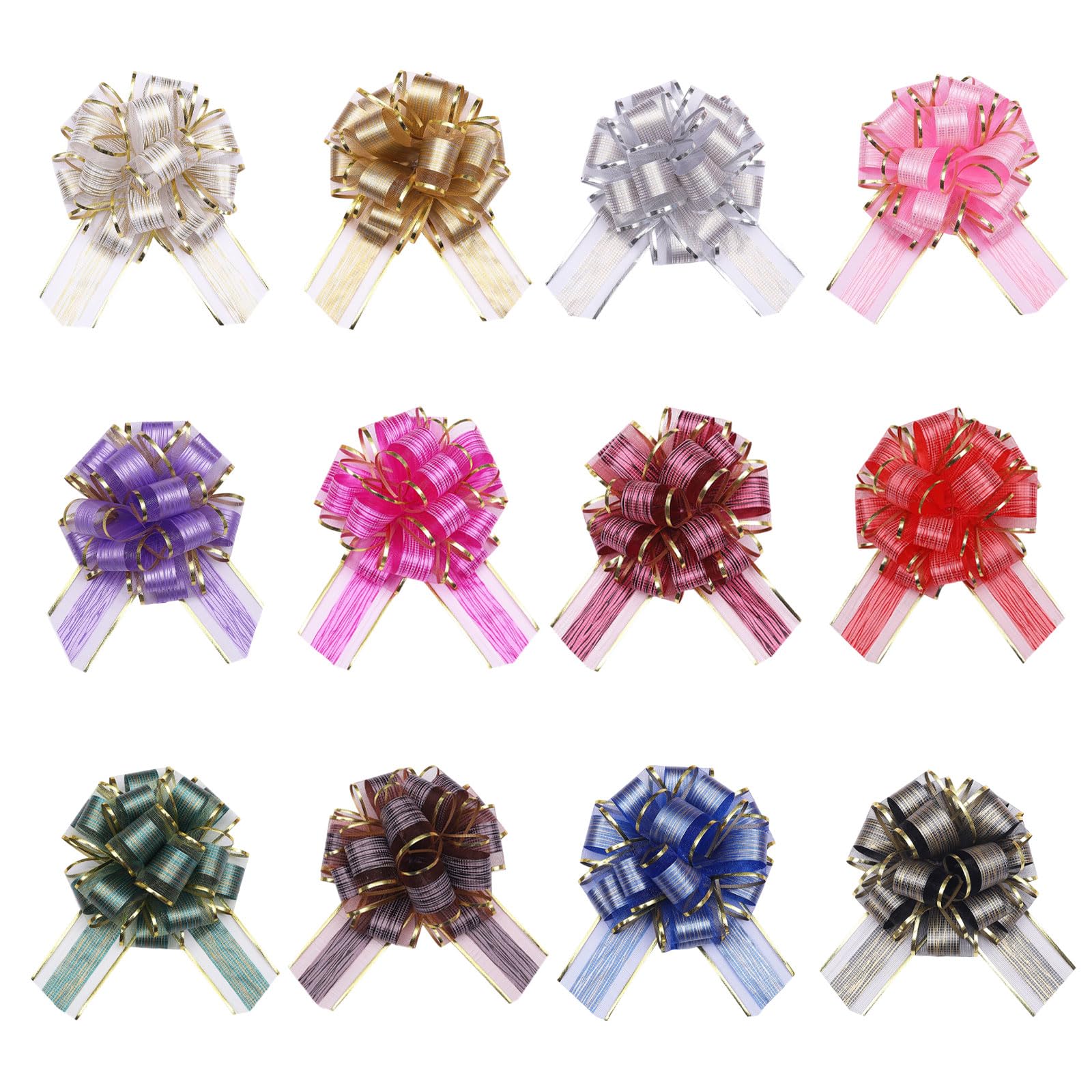 KASLCWA 12 Pcs Large Organza Pull Bow, Multicolor Pull Bows Large Satin Ribbons, Present Wrapping with Ribbon for Gift, Wedding Cars, Baskets, Christmas Wrapping, Party Decoration
