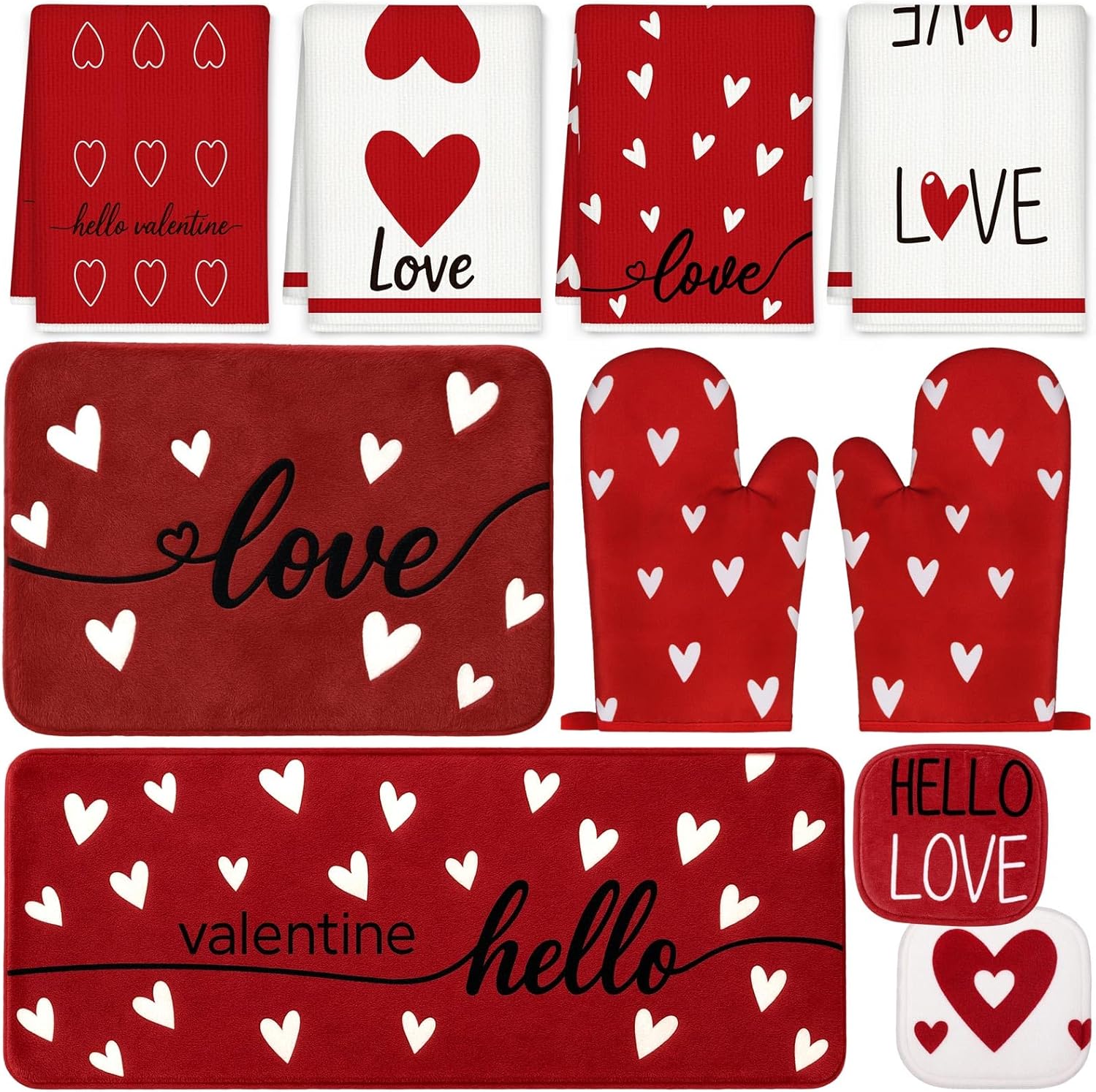 Tieshankao 10Pcs Valentines Day Kitchen Decor Set Towels Pot Holders Oven Mitts Mats for Home Baking Gifts