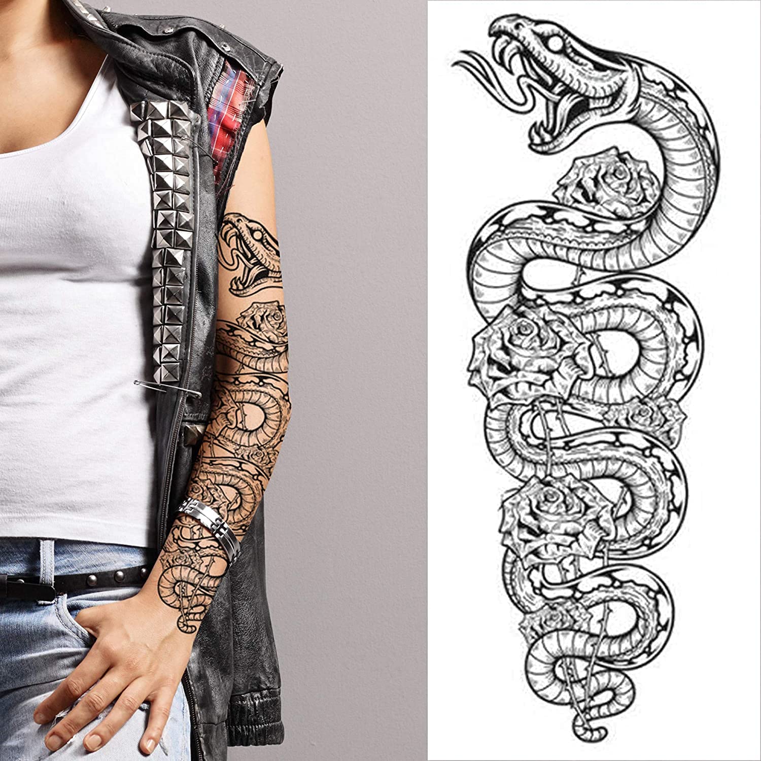 Snake python large temporary tattoo full arm roses stick on body art transfer for women and men cosplay halloween adult temp fake tattoo biker rocker fancy dress party cosplay - Image 2