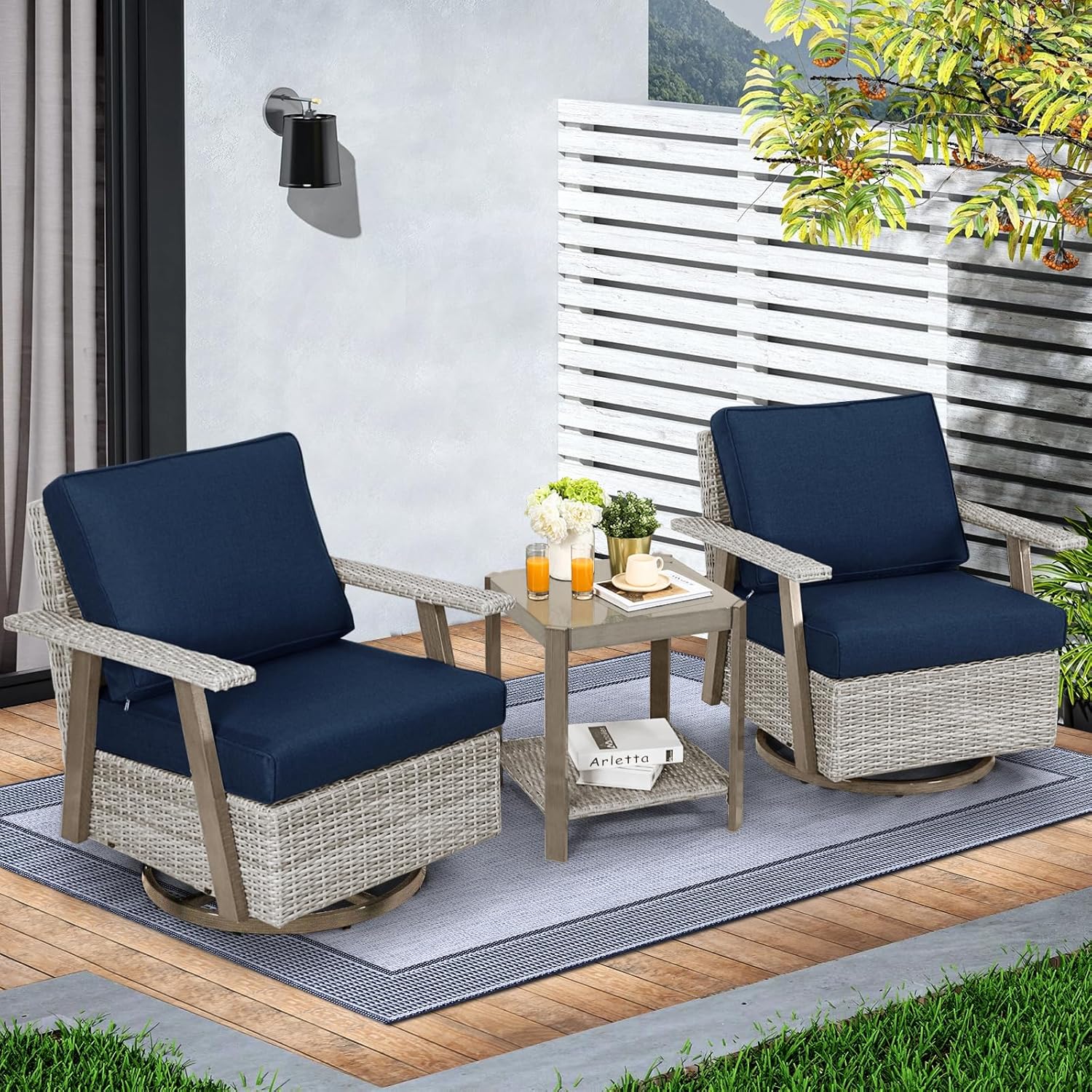 3-Piece Wicker Patio Bistro Set 360-Degree Swivel Rocking Chairs Set of 2 with Coffee Table, Oversized Outdoor Swivel Rocker Patio Chairs and Table Set for Backyard Lawn Porch