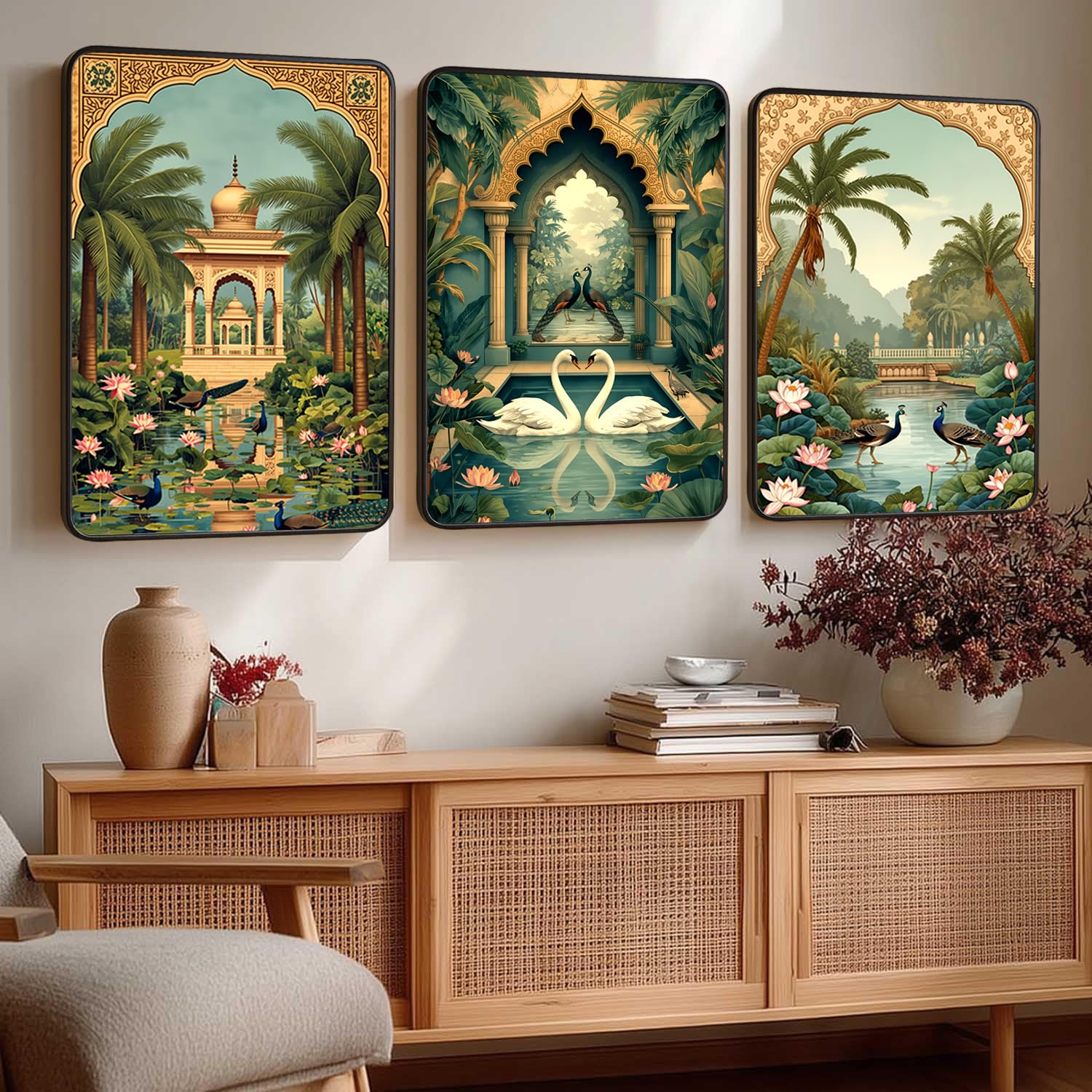 The Hanging Story Paintings for Living Room Wall Decoration | Elegant Nature Garden Palace Wall Art Set of 3 | Wooden Paintings for Bedroom Home Office (Art2, 9x12 inch)