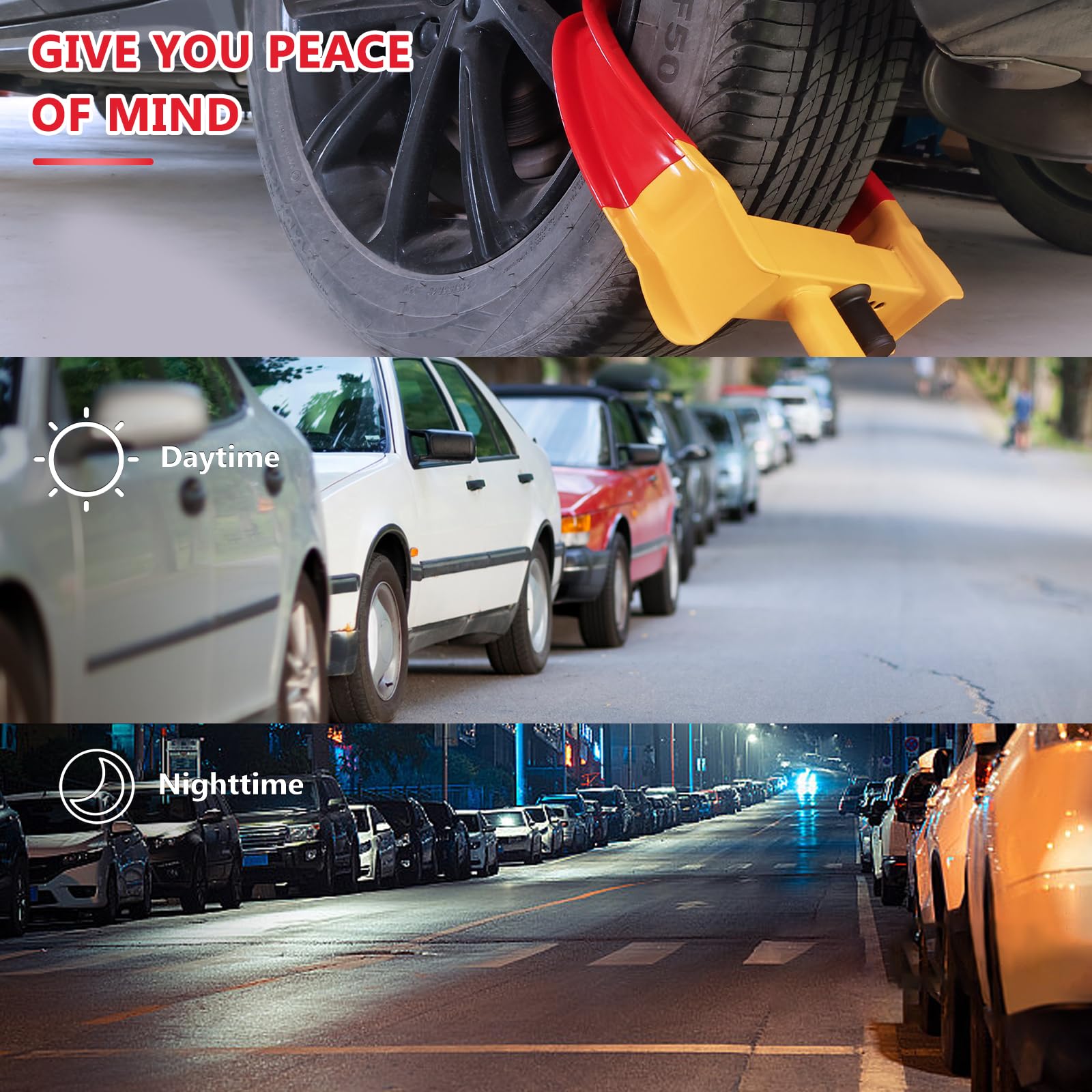 MaySpare Universal Wheel Lock, Heavy Duty Tire Lock, Automotive Anti-Theft Lock for Cars, SUVs, Motorcycles, Golf Carts, Bright Color for Deterrence, with 3 Locks (Yellow-Red), LOCK-5-RED