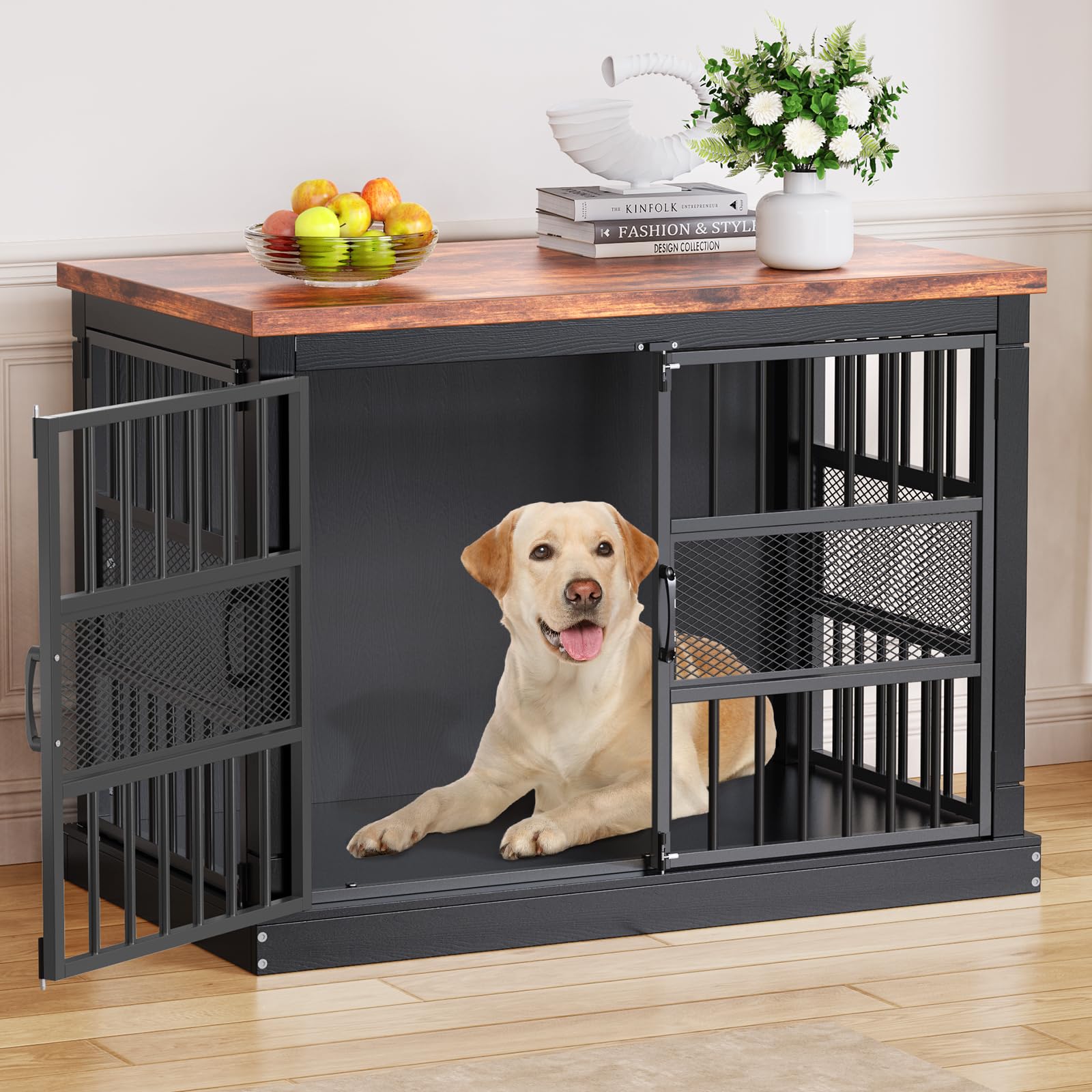 Hundekäfig Möbel, 104 cm Großer Hundebox für den Hausgebrauch, Modernes Indoor Holz-Hundekäfig, Doppel-Tür-Design, Bissfest, Geeignet für Kleine/Mittelgroße/Große Hunde, Schwarz, 104x51x78 cm