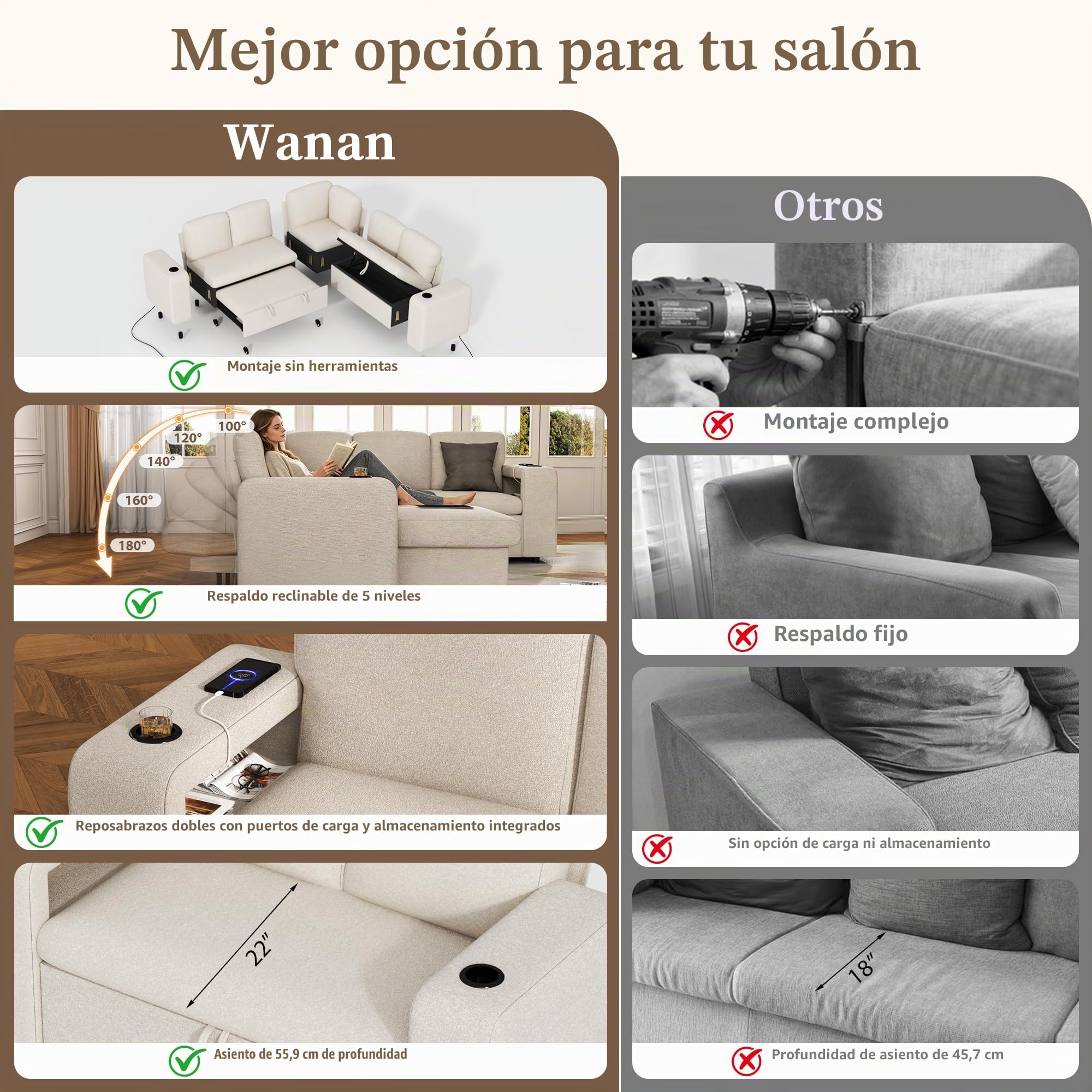 Sofá esquinero modular de 5 plazas en forma de L con función de cama, chaise longue con almacenamiento y puerto de carga USB, cama extraíble, respaldo ajustable, tela de cachemira, beige y