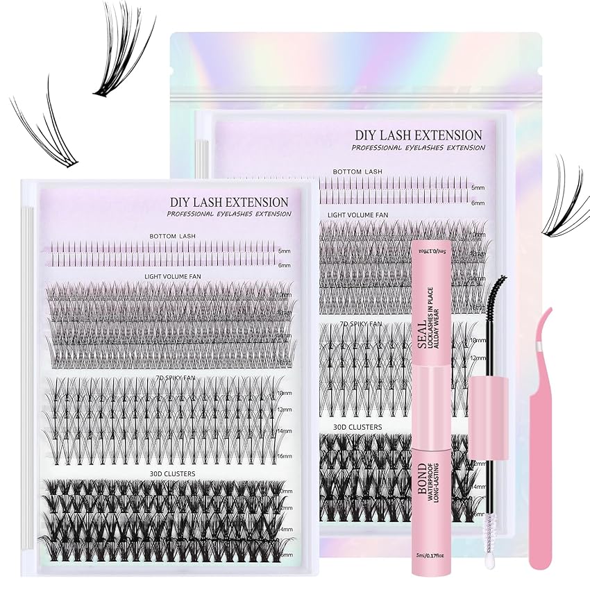 Ciuffetti Ciglia Finte Kit 400 ciuffi, 4 stili Kit di extension per ciglia, 5-16mm Lash Clusters con Bond e pinzette, Lashes Kit per Uso Personale a Casa