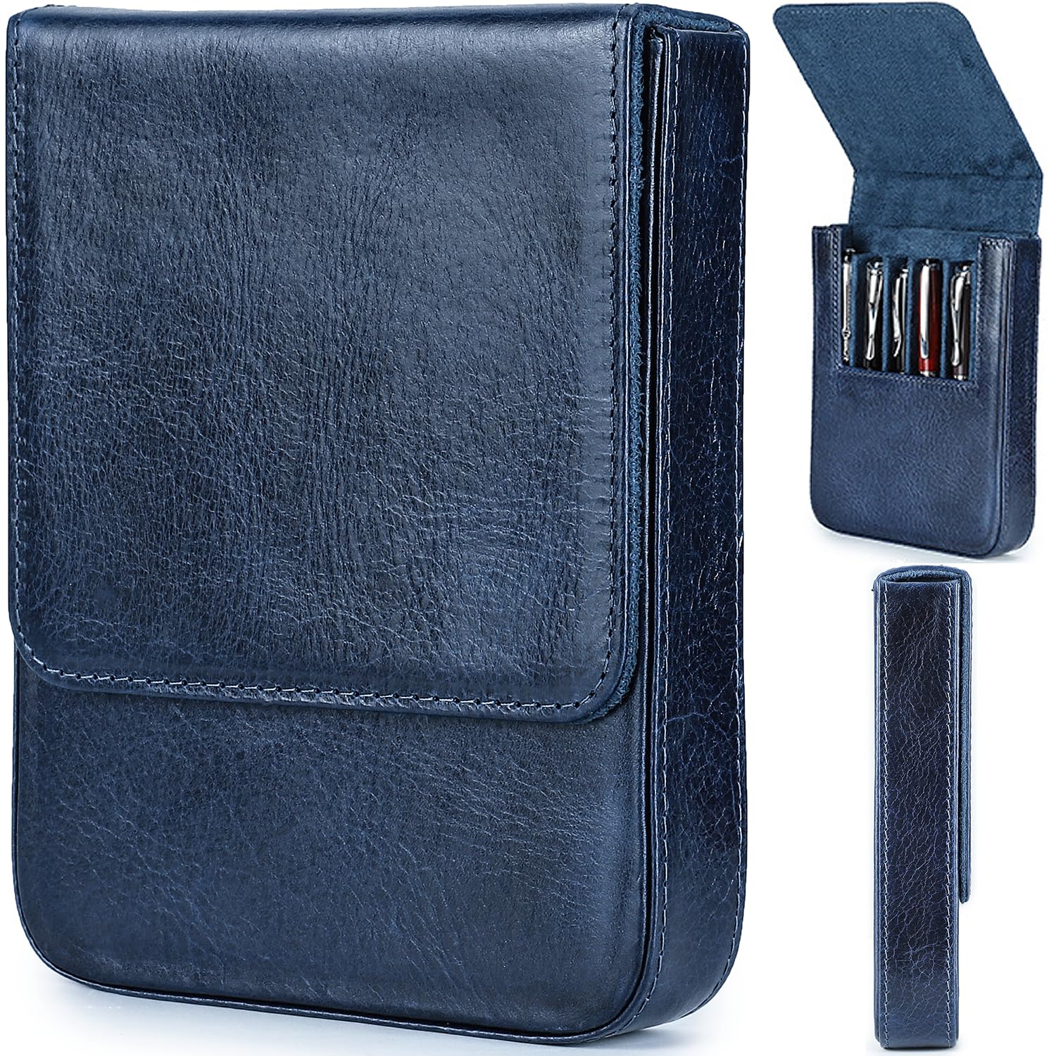CataPurus Top Grain Genuine Leather 6 Pen/Pencil Tray Case Organizer, Minimalist Design No Logo, Handmade, Magnetic Closure with Drawer Design, Gift Choice for Man/Woman/Office, Glossy Blue, 6 Slots