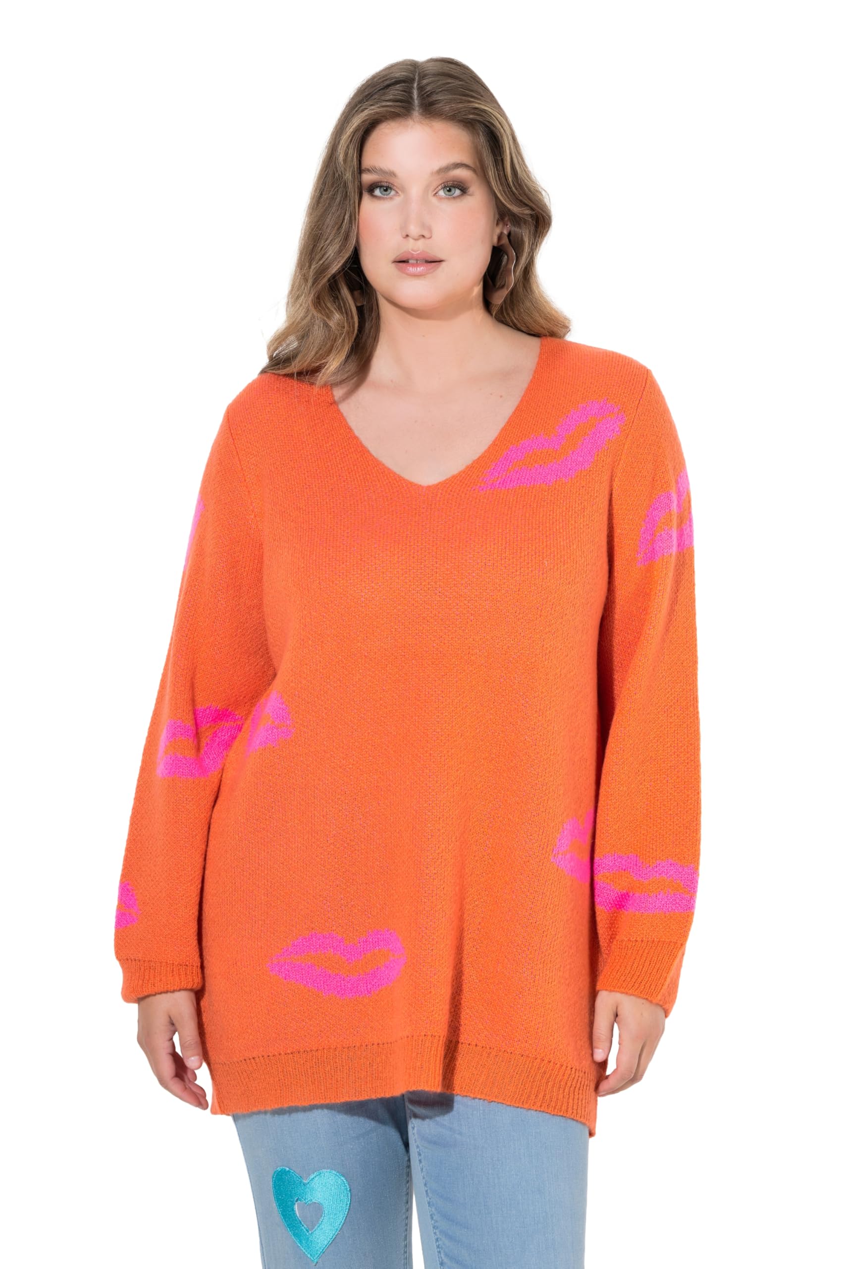 MIAMODA Damen große Größen Übergrößen Plus Size Pullover, Straight Fit, Kussmünder, V-Ausschnitt 848210