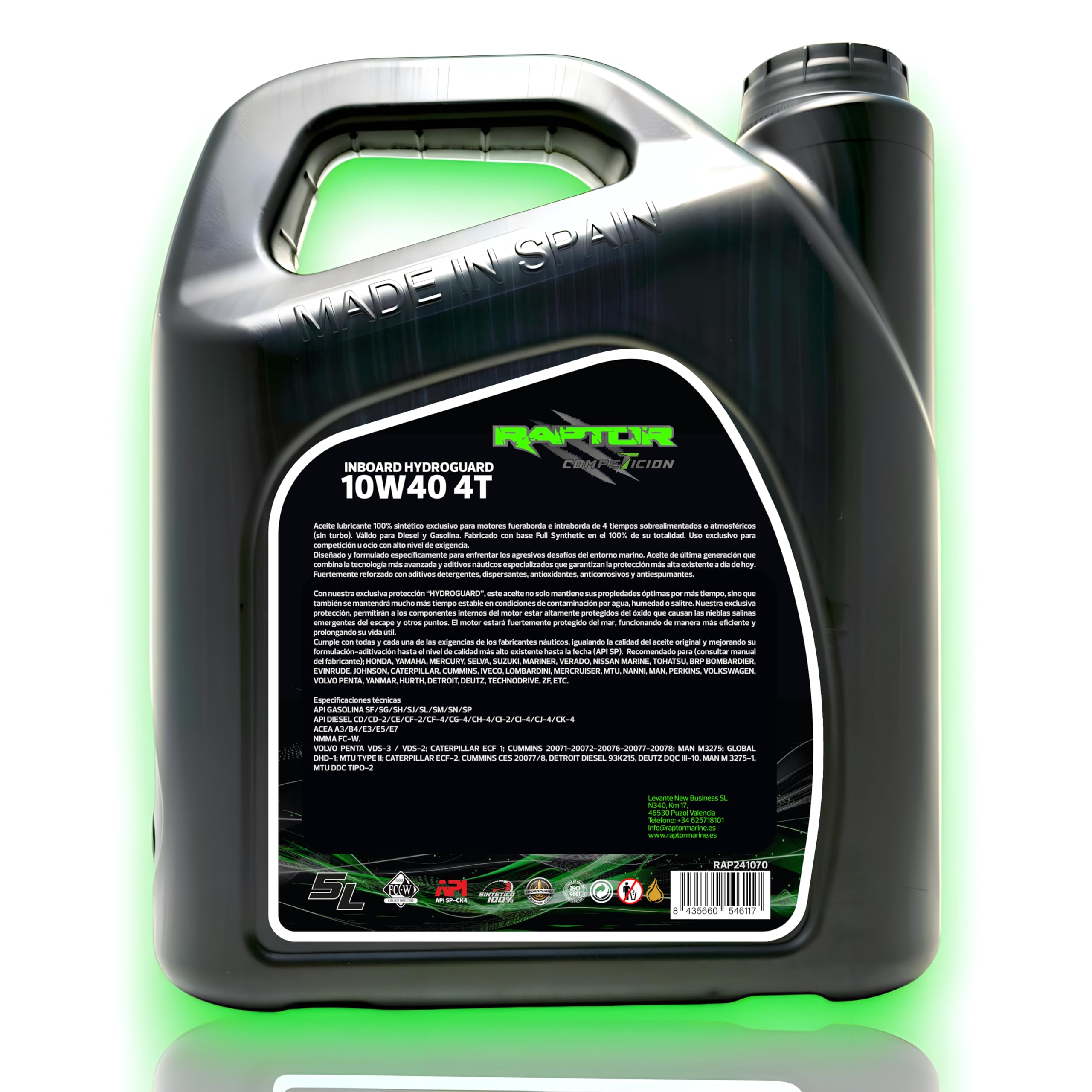 Raptor Marine - Aceite Motor Marino 10W40 100% Sintético Hydroguard | 5L | Fueraborda e Intraborda 4T | Gasolina y Diésel | Anticorrosión | NMMA FC-W, API SP