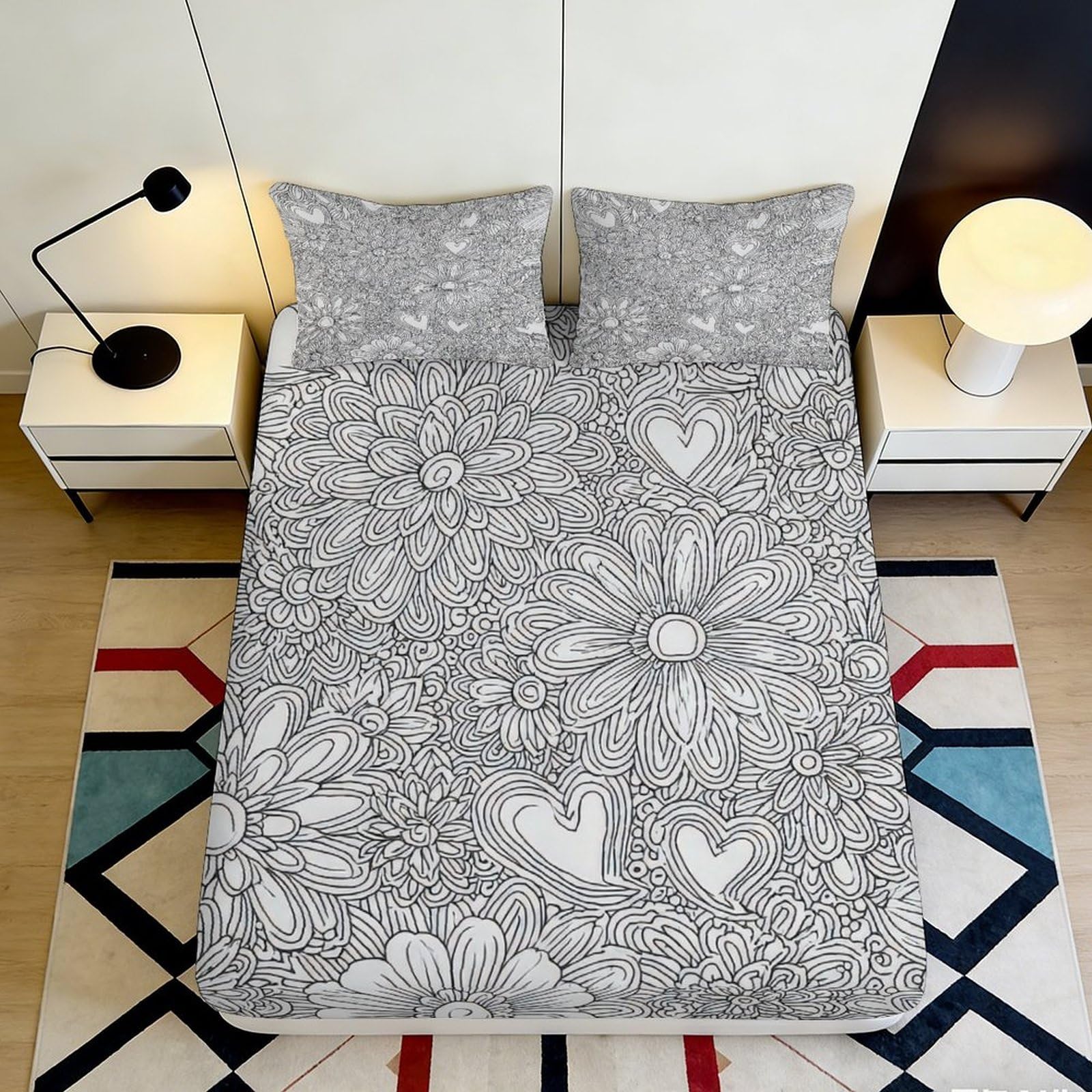3D Printed Floral Heart Fitted Sheet Microfiber Soft Breathable Doodle Pattern Bed Cover for Bedroom Dormitory Guest Room Mattress Protection Decor 160x200x25cm