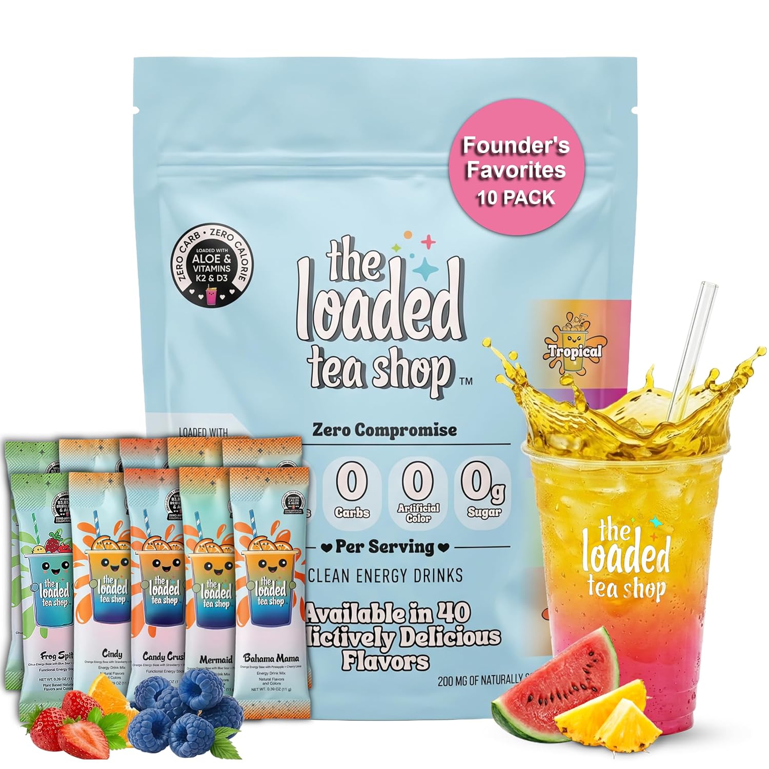 The Loaded Tea Shop Energy Drink Mix Sticks, Founder’s Favorites 10 Pack, Sugar-Free, Zero Calories, 200mg Natural Caffeine, No Artificial Colors/Flavors, Powder Packets w/ B Vitamins - Energy Drink Alternative