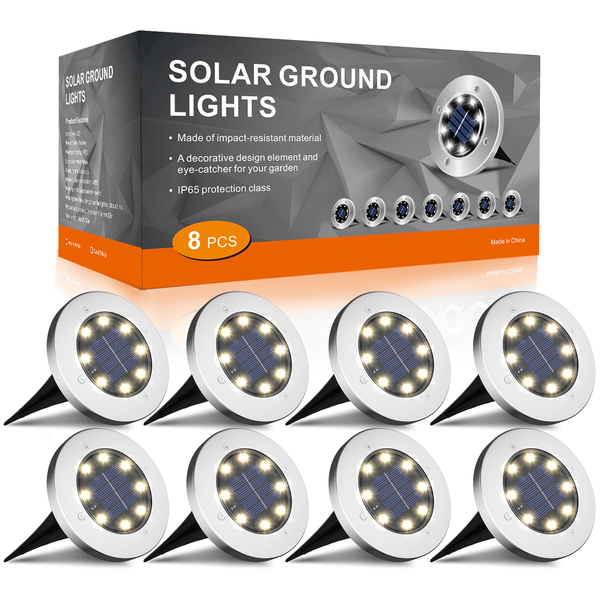 FLOWood Solar Lights Outdoor Garden, Solar Ground Lights, IP65 Waterproof Solar Floor Lights Outdoor Garden, 8 LED Solar Disk Lights for Garden Lawn Pathway Patio Warm White 8 Pcs